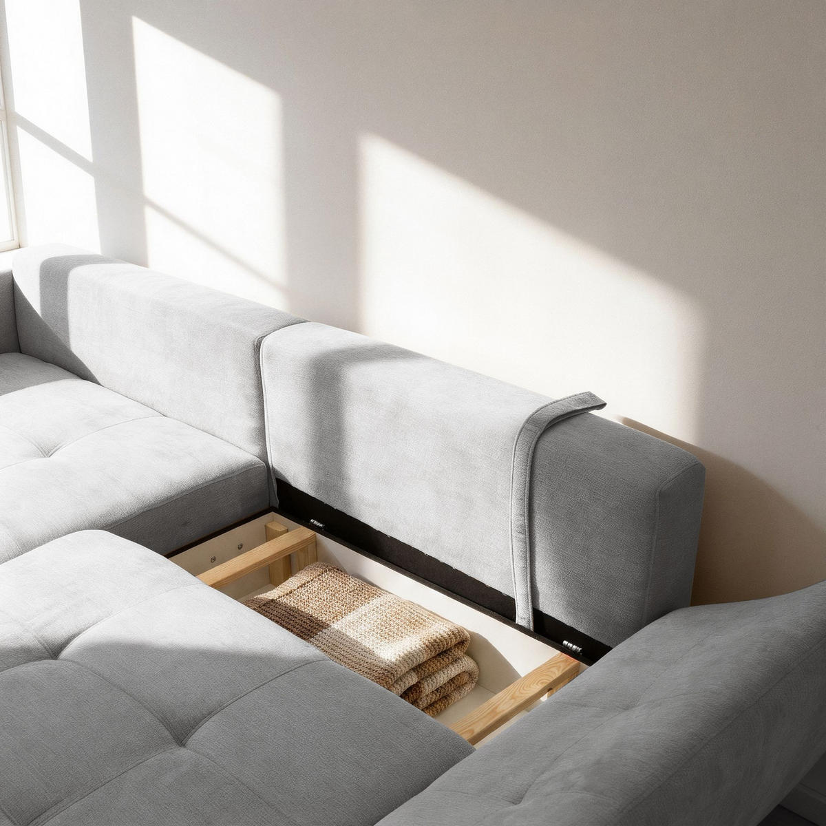 ECKSOFA NICE L Links mit Schlaffunktion 137x204 Chenille Hellgrau - Hellgrau/Schwarz, Holz/Textil (260/165cm) - Muffo