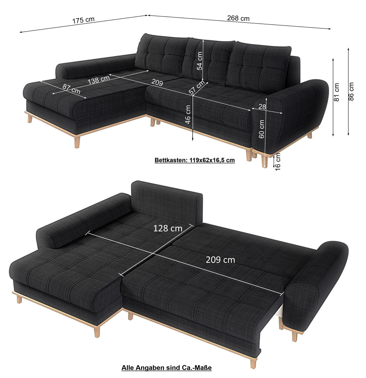 ECKSOFA im Scandi-Stil, Schlaffunktion, Bettkasten B268/T175/H86 cm, Ottomane links, Liegefl. 128x209 cm, Bouclé Chenille Stoff in Anthrazit / 21012 - Eichefarben/Anthrazit, Holz/Textil (268/175cm) - luma-home