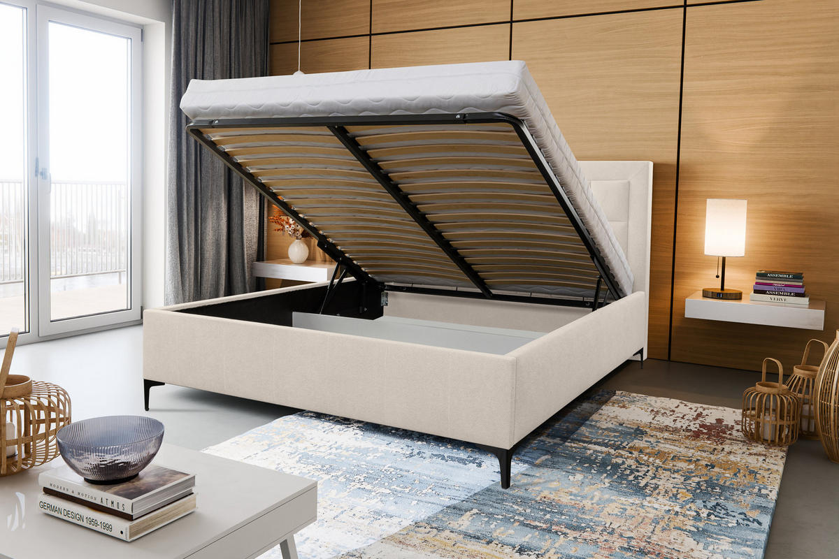 POLSTERBETT VENEZIA mit Kopfteil, 180 x200 cm, Doppelbett mit Bettkasten und Lattenrost aus Strukturstoff, Velourstoff, Frabe: Beige - Beige, Holz/Kunststoff (180/200cm) - VENASI MÖBEL