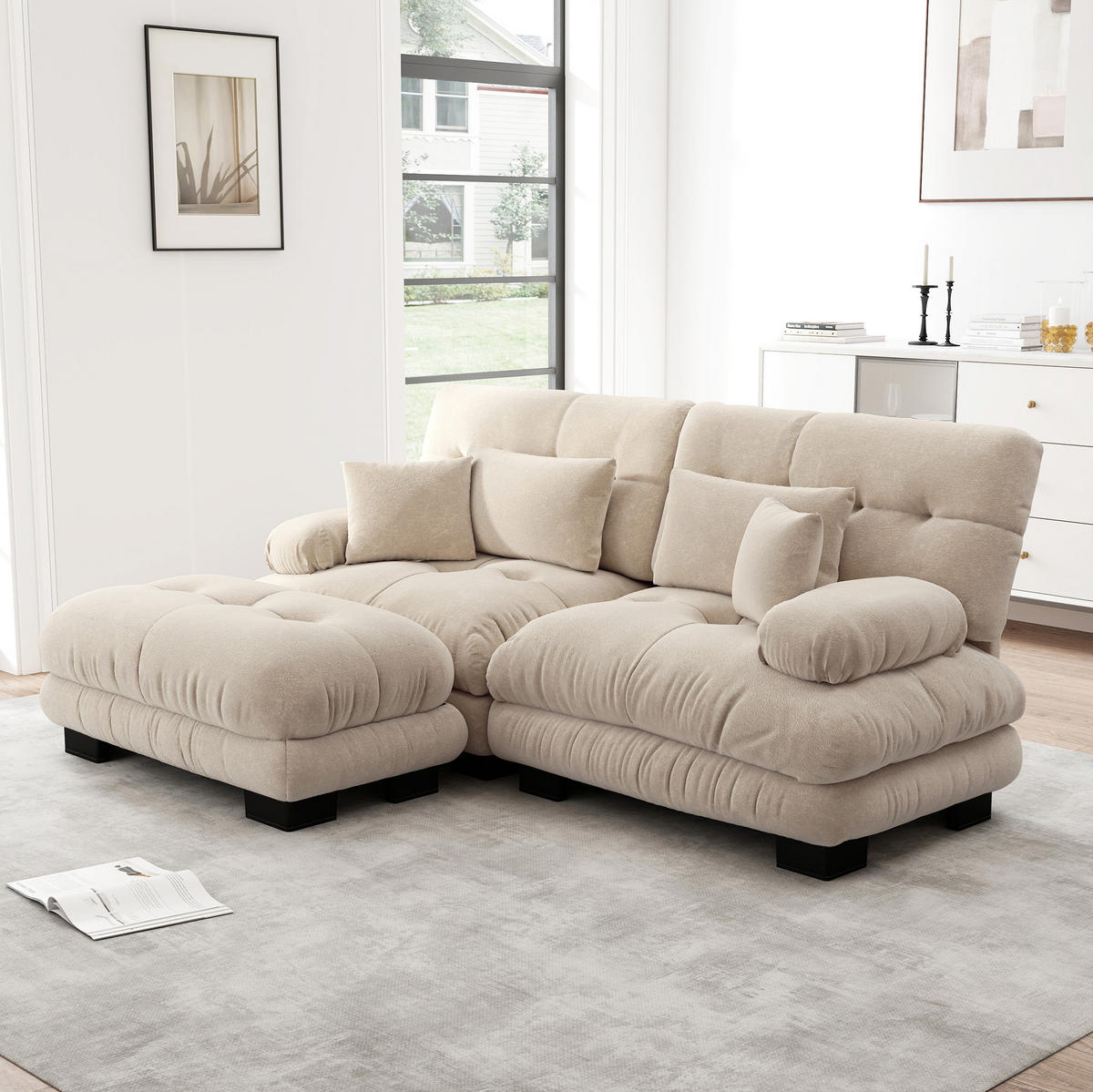 ECKSOFA in Hellkaffee mit Chenillebezug, modular und mit Ottomane - Cappuccino, Textil (145/220cm) - Flora Grace
