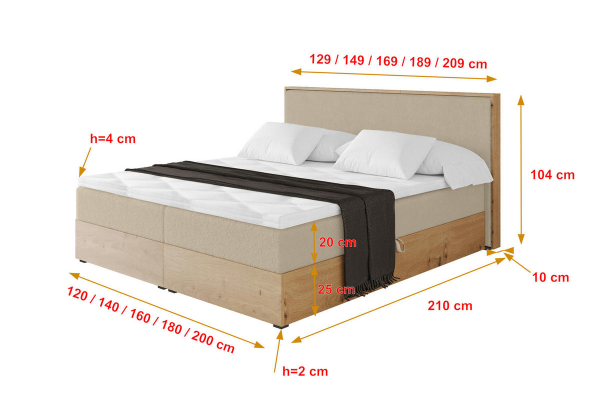 BOXBETT LOLLI9 - 120x200 - H3 Creme - Champagner, Holzwerkstoff (120/200cm) - ALTDECOR