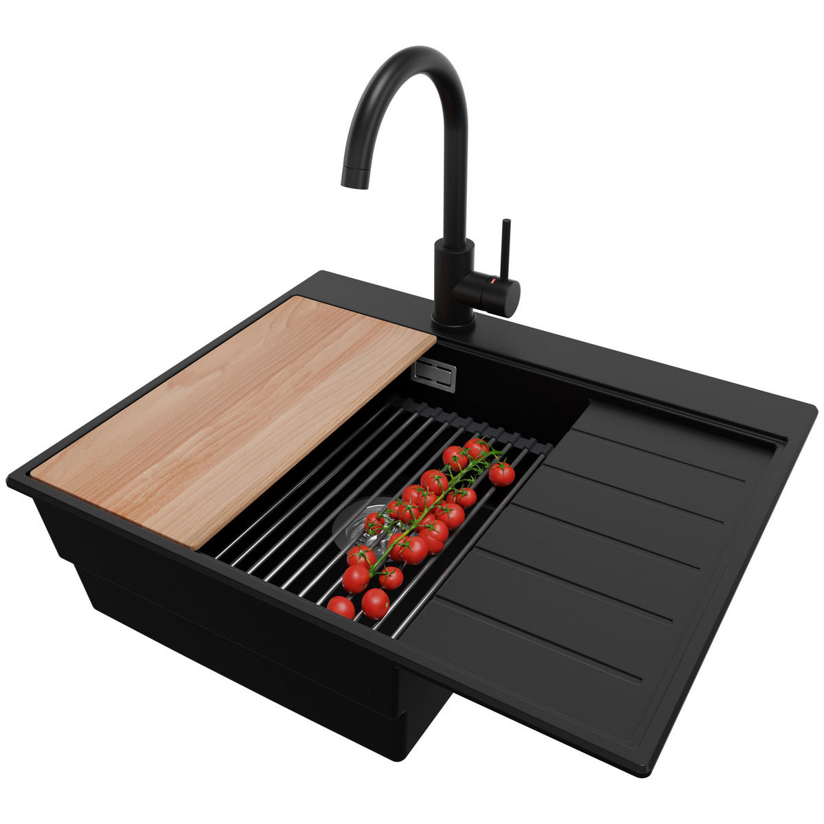 GRANITSPÜLE Sydney, 2-er set Schwarz 62/50 cm 1 Becken + Küchenarmatur 32/20 cm + Ablauf-Set + Küchenzubehörset ab 45er Unterschrank - Chromfarben/Beige, Kunststoff (62/20/50cm) - Primagran