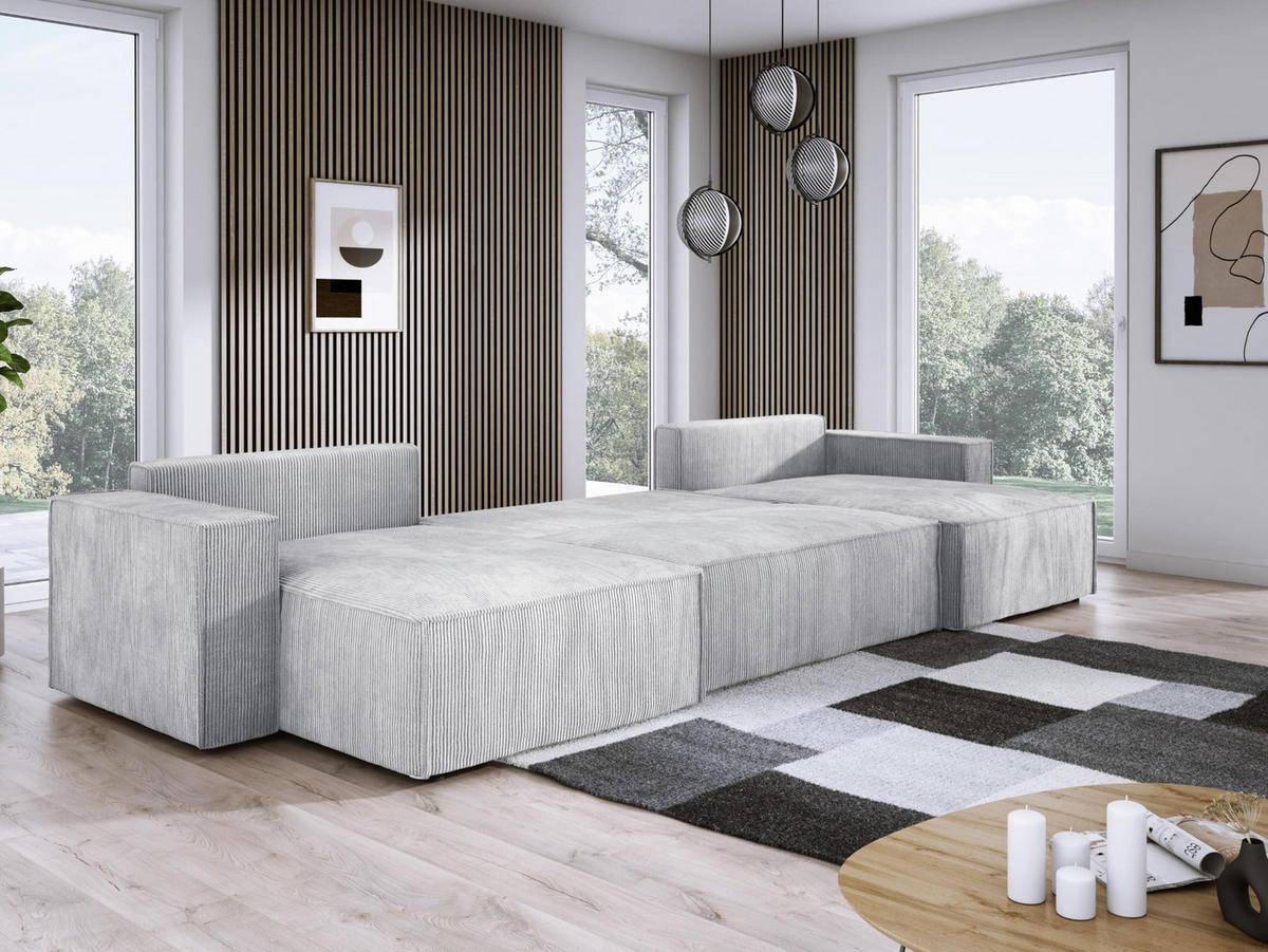 ECKSOFA Poso XXL U-förm, Schlaffunktion, weiche Kissen, Bettkasten, hochwertige Polsterung, lose Rückenkissen, freistehend, 377x143x83 cm Grey - Grau, Holz/Textil (377/83/143cm) - DomoHome