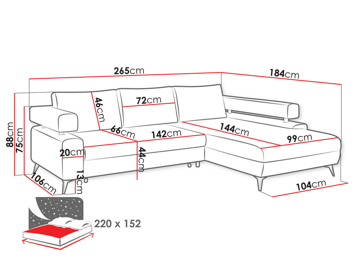 ECKSOFA Rosa, Seite: Links OT-2R - Hellrosa/Schwarz, Holz/Textil (265/184cm) - MIRJAN24