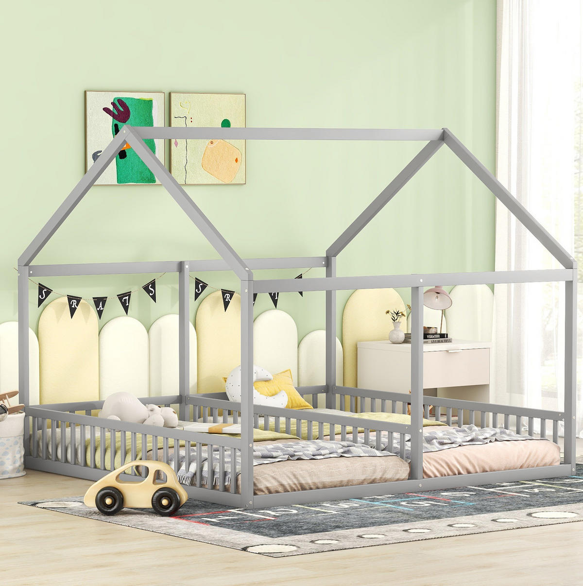 BETT 2 x 90/200 cm Grau im Hausdesign mit Schutzgittern aus Kiefer und MDF - Grau, Holz (90/200cm) - Flora Grace