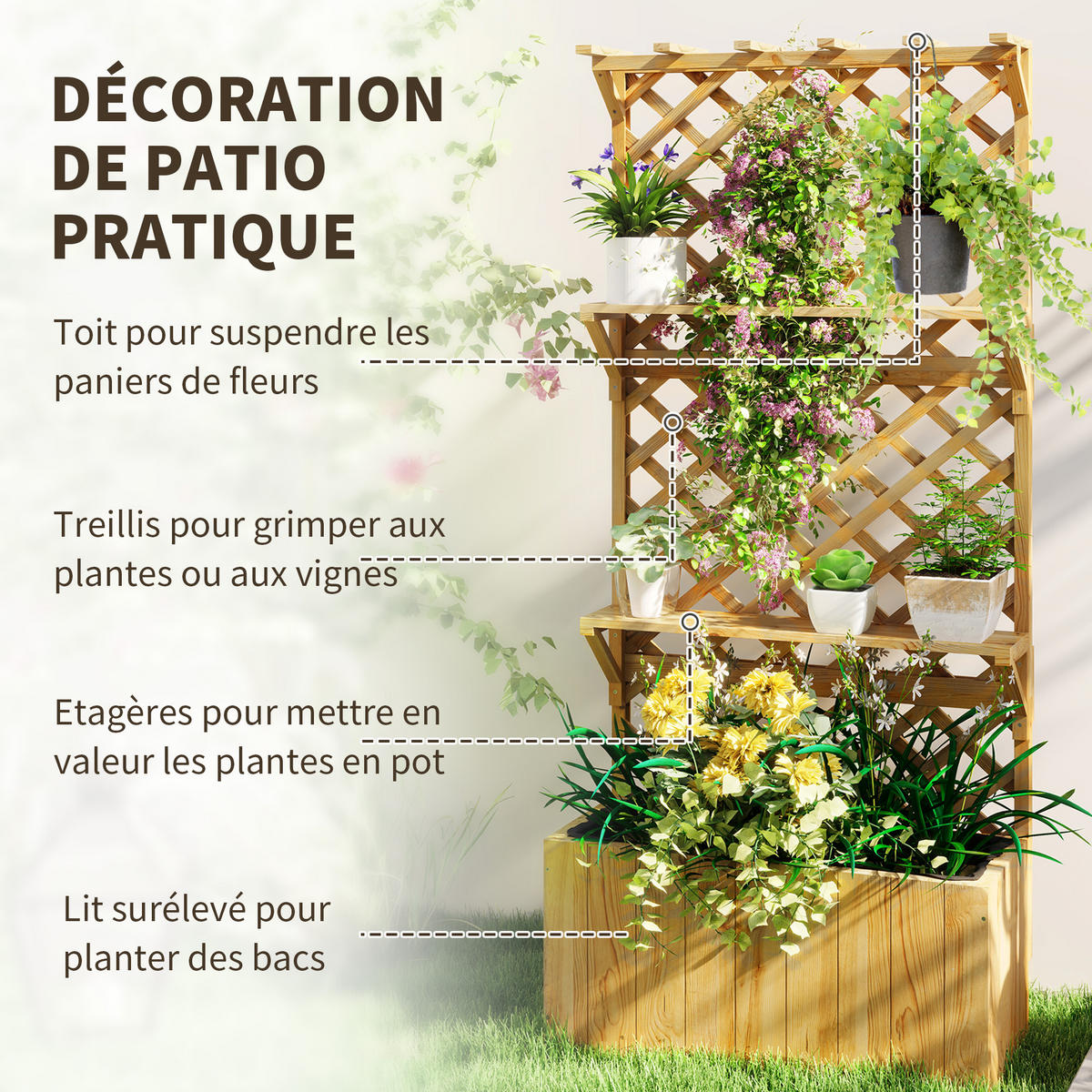 HOCHBEET DE-12192 mit Rankgitter mit Dach u. Ablagen Natur - Naturfarben, Holz (76/177/33cm) - ComfortXL