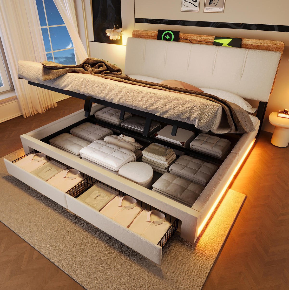 POLSTERBETT 180/200 cm Beige mit USB-, Typ-C-Anschluss, LED und hydraulischem Stauraum aus Leinen - Beige, Textil (180/200cm) - OKMYHOME