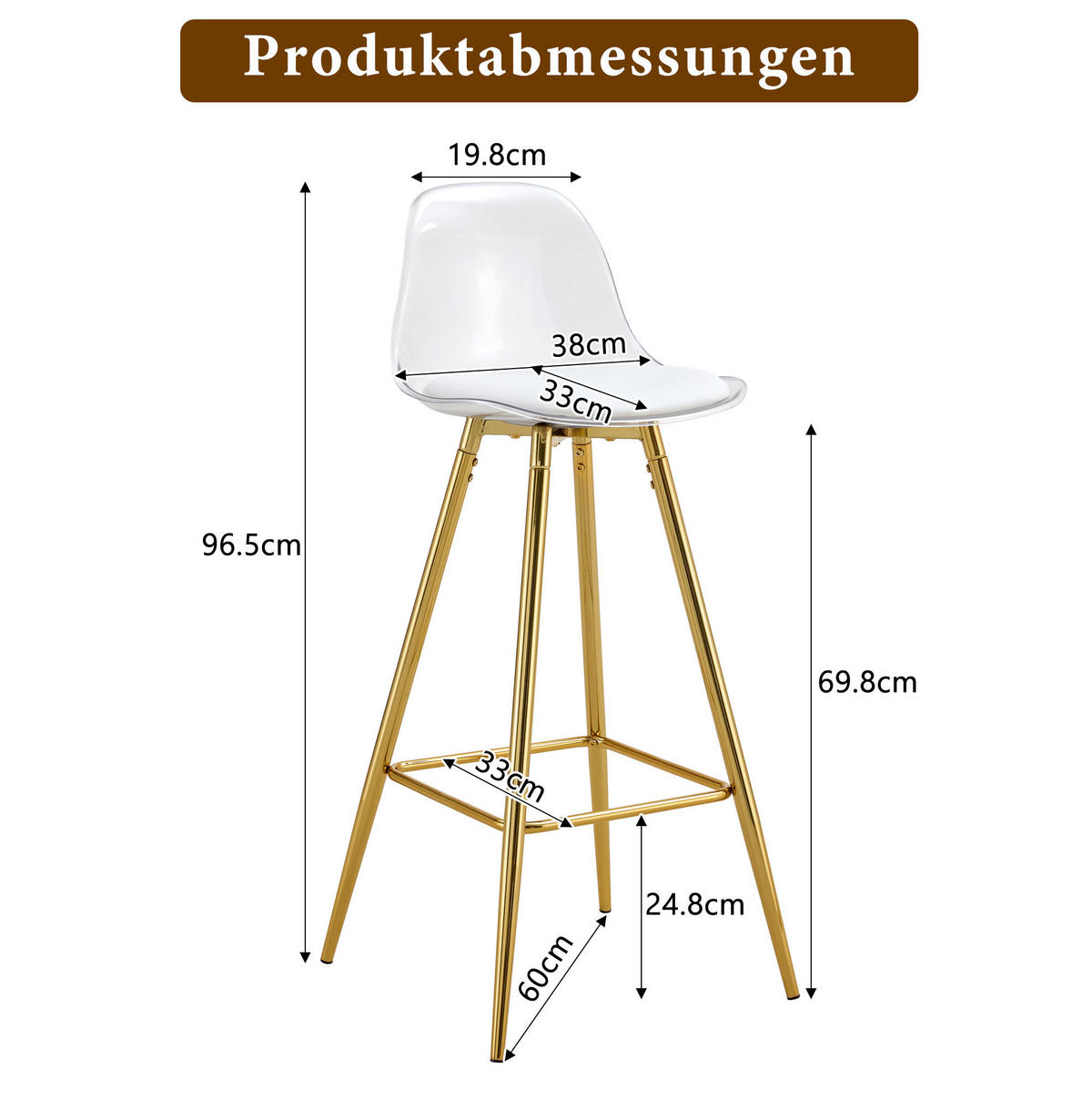 BARHOCKER 2er-Set mit Rückenlehne Metall/Kunststoff Gold Transparent - Goldfarben, Metall (33/96.5/38cm) - Meubliv