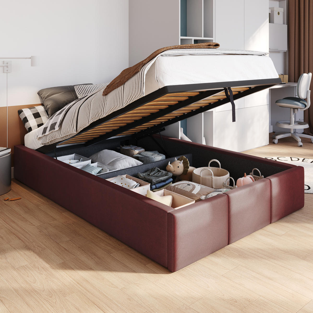 POLSTERBETT für Schlafzimmer Bett mit Stauraum Weinrot 120x200cm - Weinrot, Holzwerkstoff/Textil (120/200cm) - Muralo