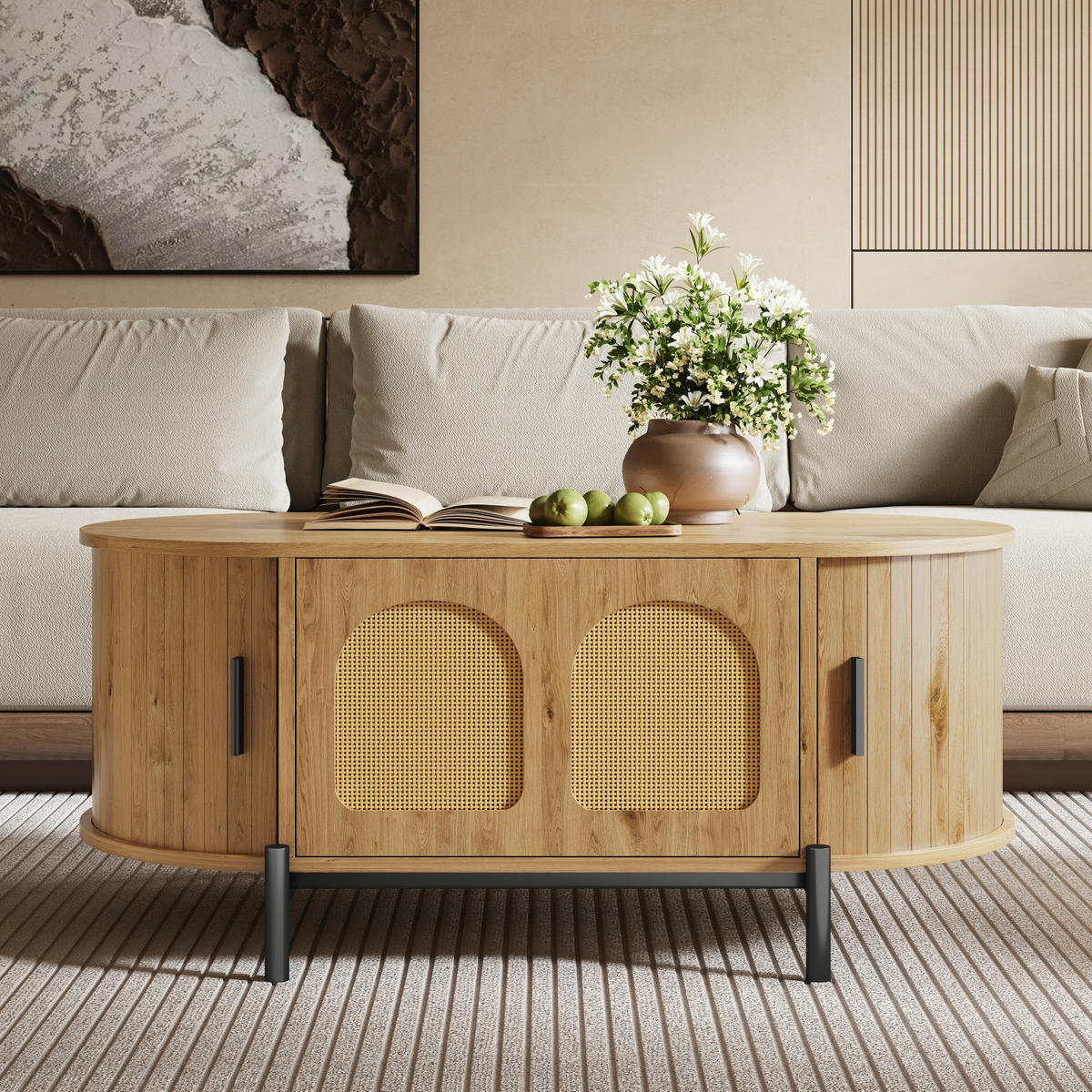 COUCHTISCH Oval Rattan Schiebetüren Metallbeine modern - Naturfarben, Holzwerkstoff (100/50/40cm) - FLIEKS