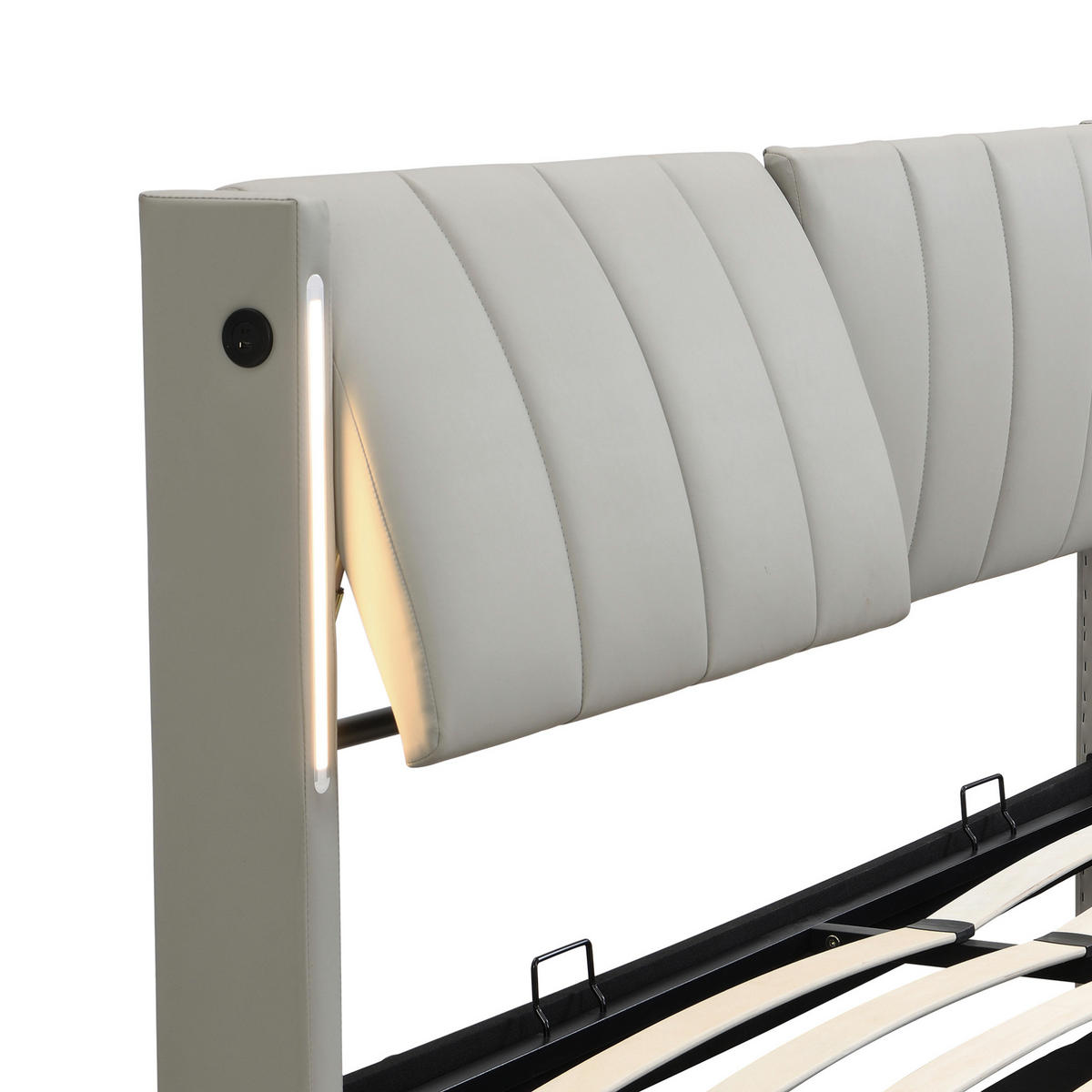 POLSTERBETT aus PU 140x200 cm Grau mit Stauraum, LED-Beleuchtung, USB-Anschluss und verstellbarem Kopfteil - Grau, Leder (140/200cm) - IVMEU