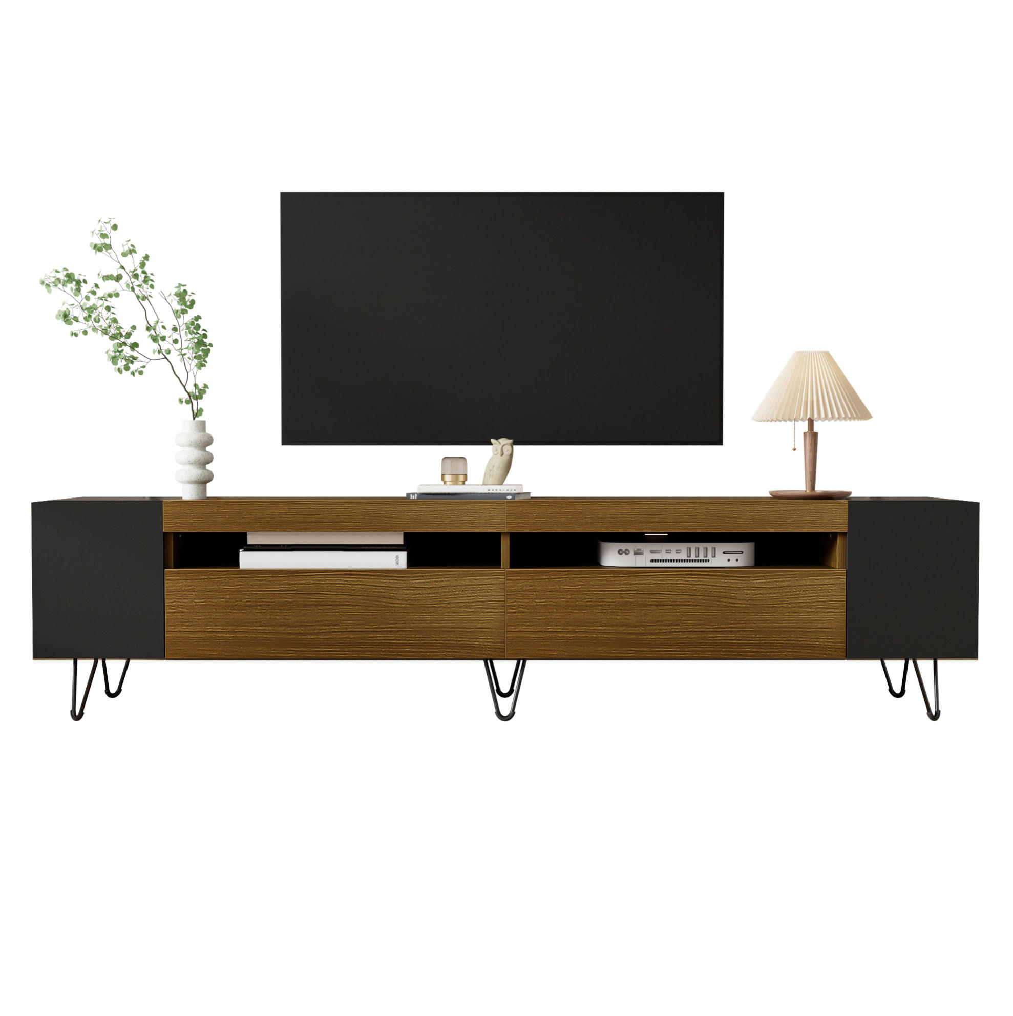 LOWBOARD 180/36/43 cm aus MDF und Spanplatte mit 2 Türen und offenen Fächern Schwarz (Holzoptik) - Schwarz, Holzwerkstoff (180/43/36cm) - Modenvie