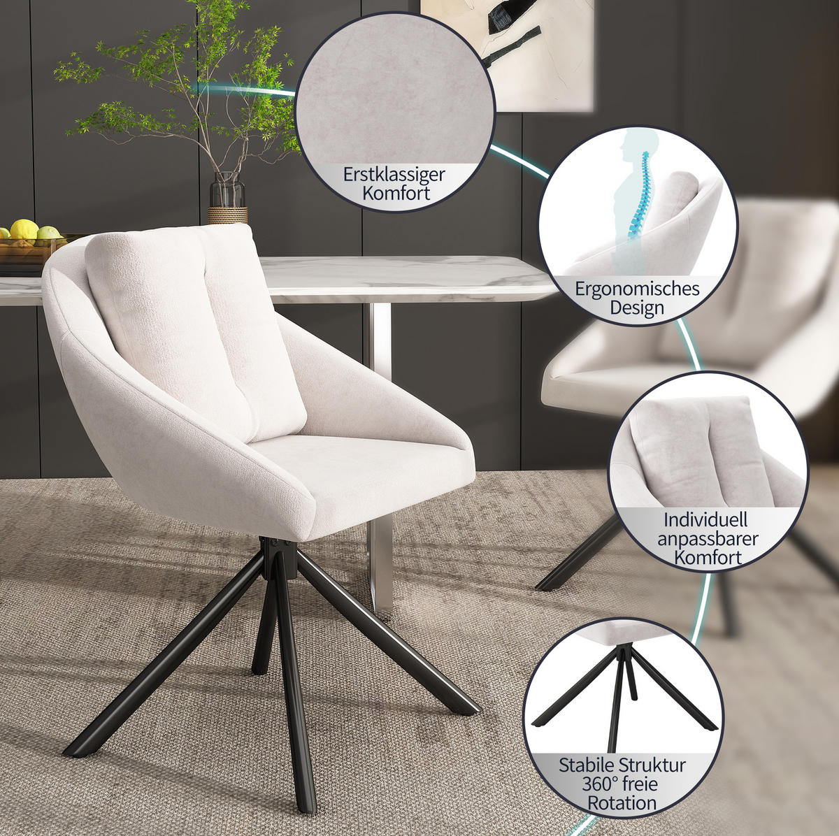 DREHSTUHL 2er-Set Beige aus Samt mit Rollen - Beige, Metall (62.23/49.53/72.39cm) - OKMYHOME