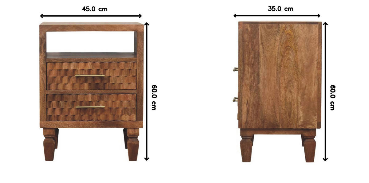 NACHTKASTEN Arno in Goldenem Teak, 2 Schubladen und Offenes Regal, Hellbraun - Messingfarben/Braun, Holz/Metall (45/60/35cm) - Artisan Furniture