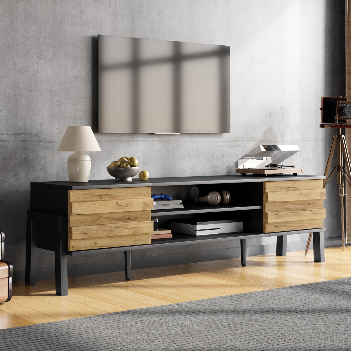 TV-LOWBOARD 175x39.5x53 cm 2 Schränke Offene Lagerflächen - Schwarz, Holzwerkstoff (39.5/53/175cm) - FLIEKS