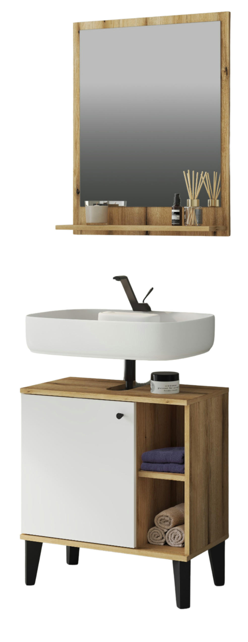 BADMÖBEL-SET 2-teilig weiß, Evoke Eiche, Badkombination, 60 cm - Eichefarben/Schwarz, Glas/Holzwerkstoff (60/190/33cm) - Furn.Design