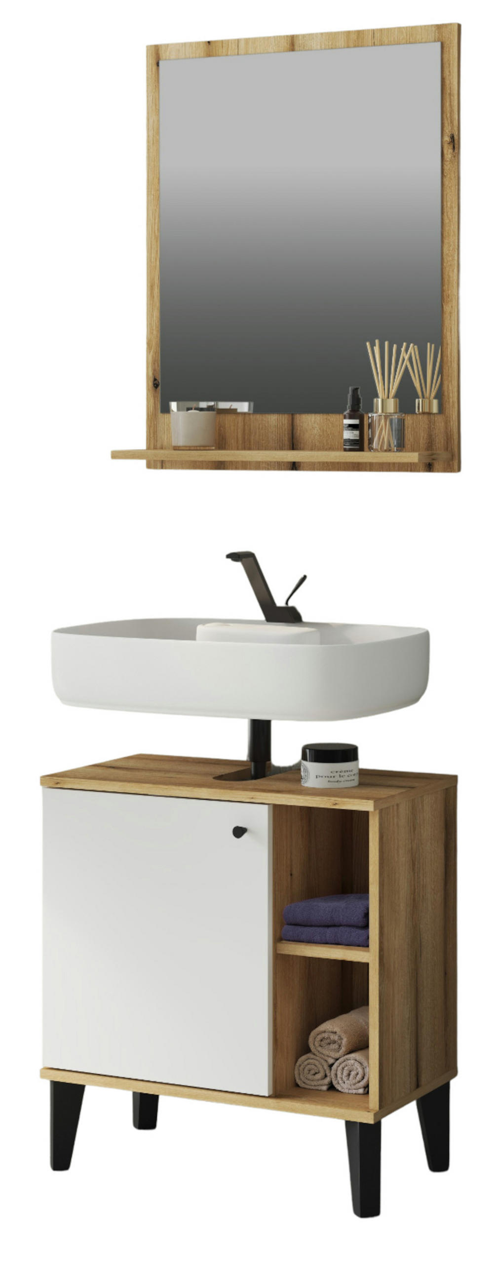 BADMÖBEL-SET 2-teilig weiß, Evoke Eiche, Badkombination, 60 cm - Eichefarben/Schwarz, Glas/Holzwerkstoff (60/190/33cm) - Furn.Design