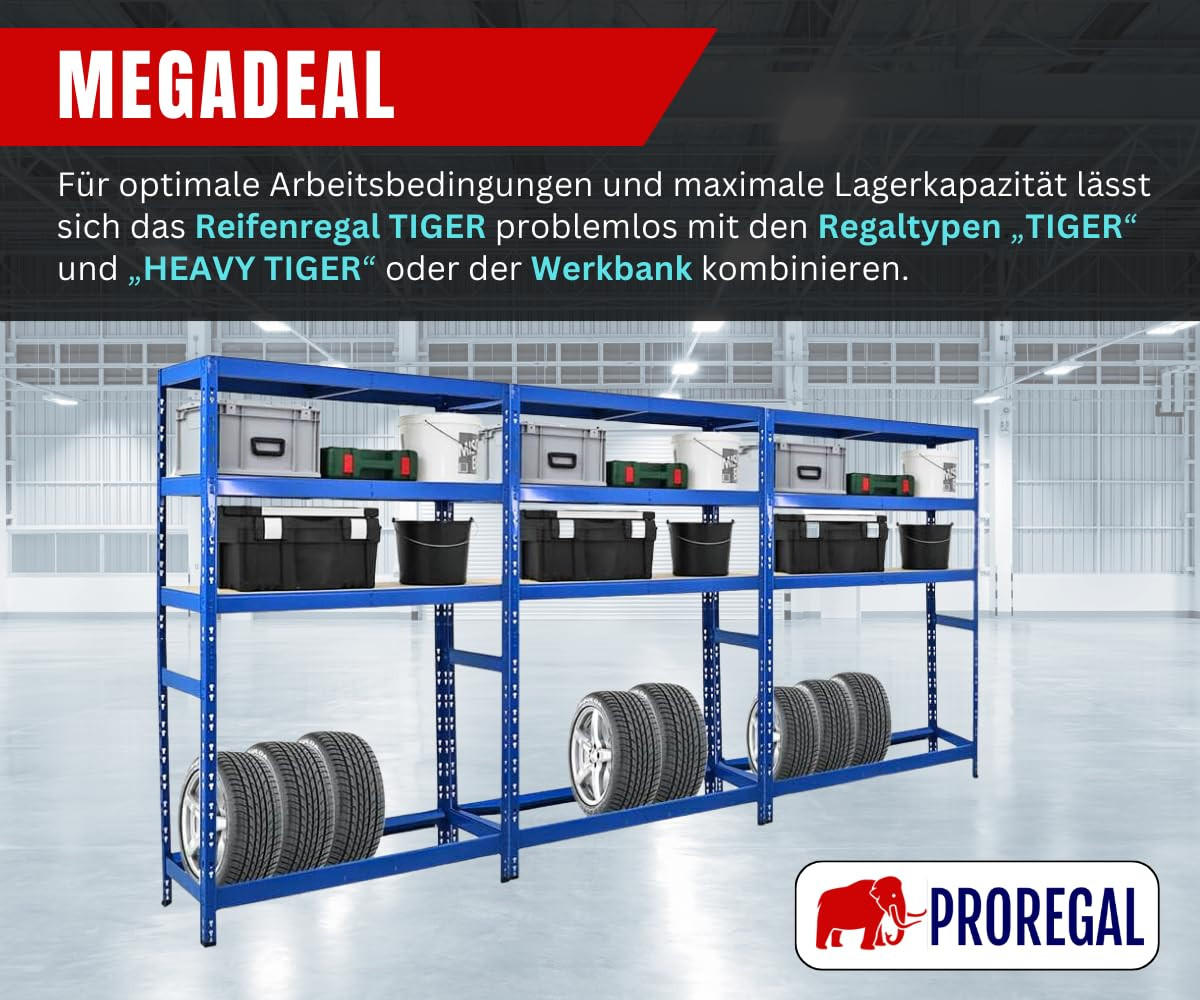 REIFENREGAL Tiger 180x120x40 cm bis zu 6 Reifen auf 1 Ebene + 3 Ablagen Blau - Blau, Metall (120/180/40cm) - PROREGAL