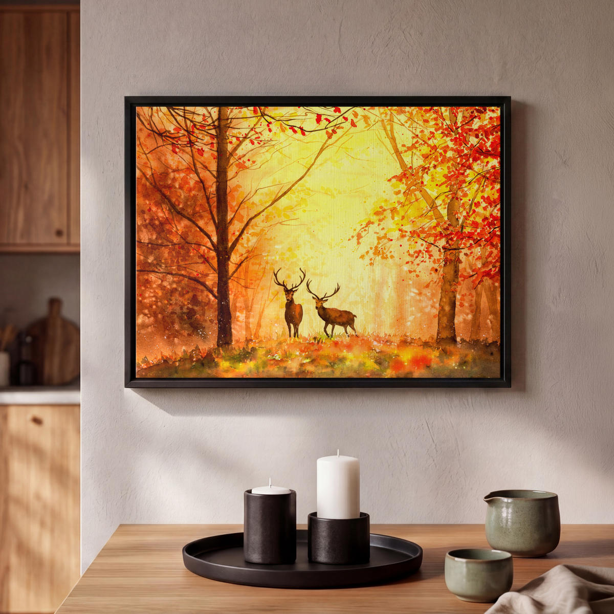 LEINWAND Bilder mit Rahmen - Natur - Ölfarbe - Hirsche - Tiere - Herbst - Orange - 40x30 - Orange, Textil (40/30cm) - MuchoWow