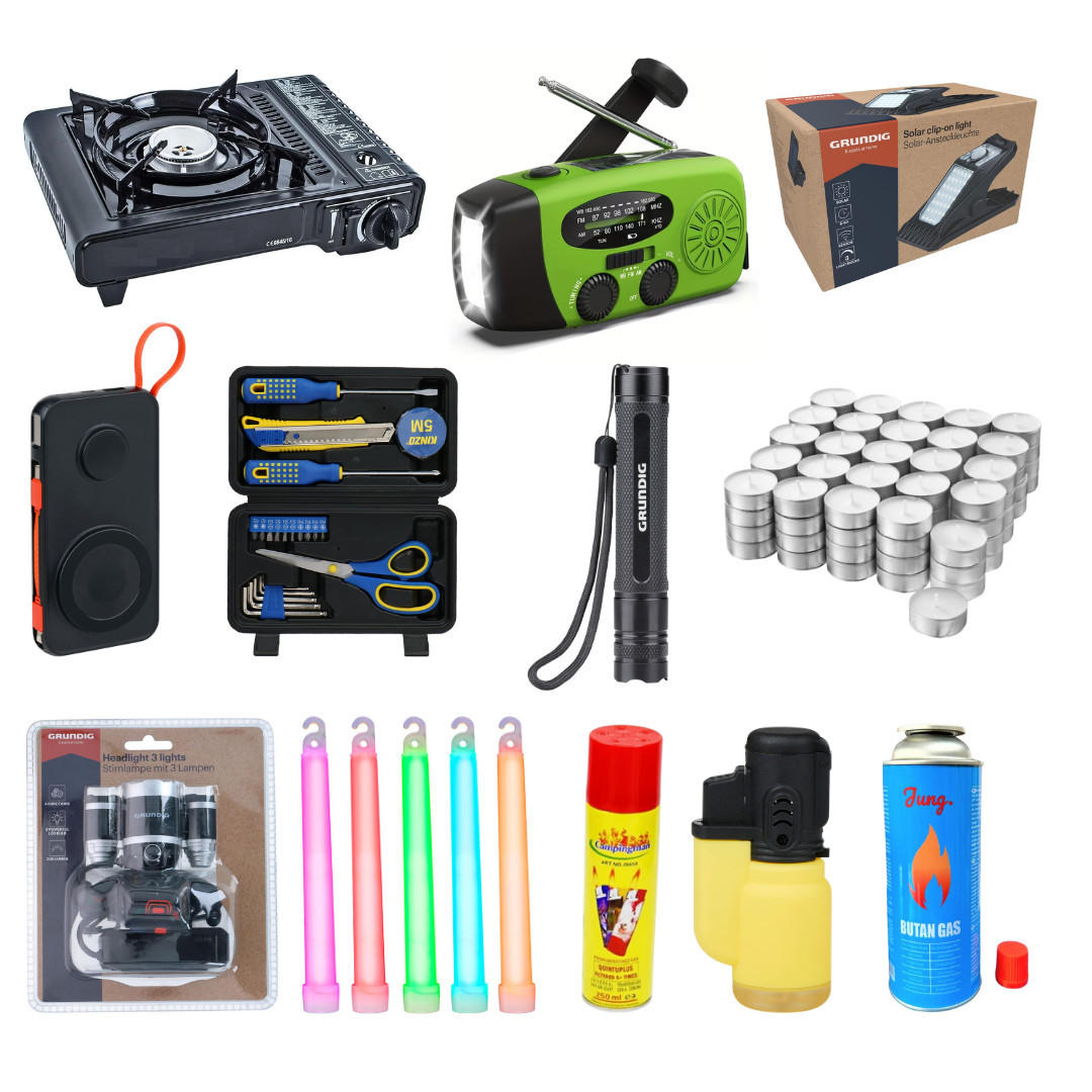 STROMAUSFALL Set Notfallausrüstung 138 Tlg Notfallrucksack Gefüllt Notlicht Notfalllampe Gaskocher Outdoor Camping Kochen Krisenvorsorge Prepper - Multicolor, Kunststoff/Metall (40/40/40cm) - JUNG