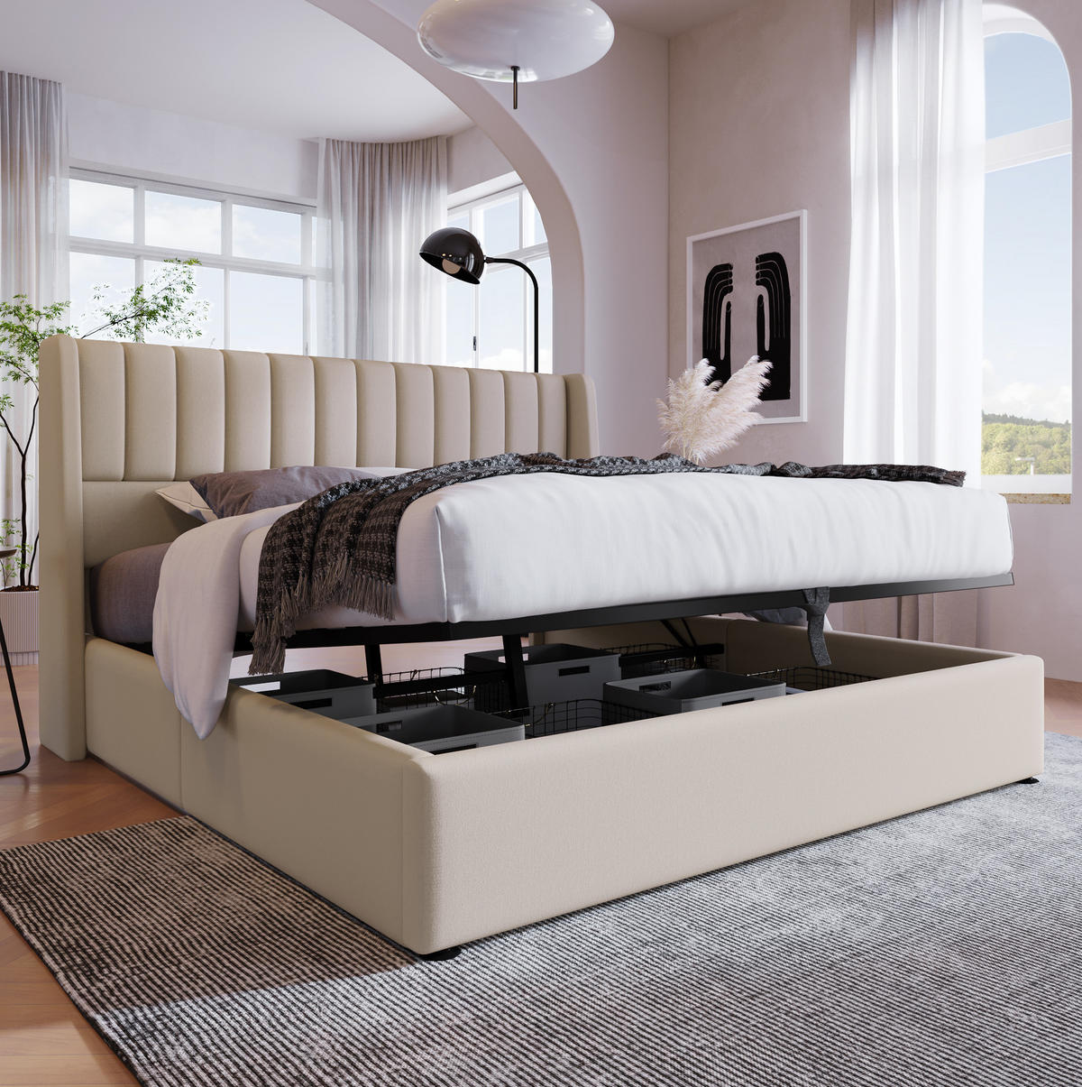 POLSTERBETT aus Leinen 140x200 cm in Beige mit Hydraulik-Stauraum - Beige, Textil (140/200cm) - Modfu
