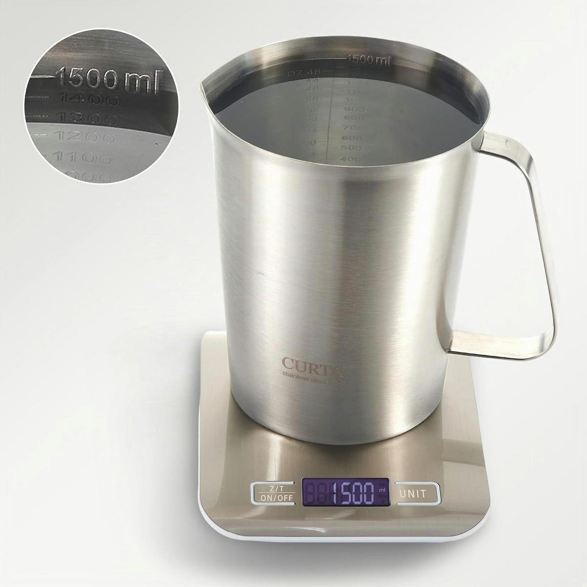 MESSBECHER Edelstahl 1500 ml mit Griff und Ausguss - Silberfarben, Metall (1.5L)