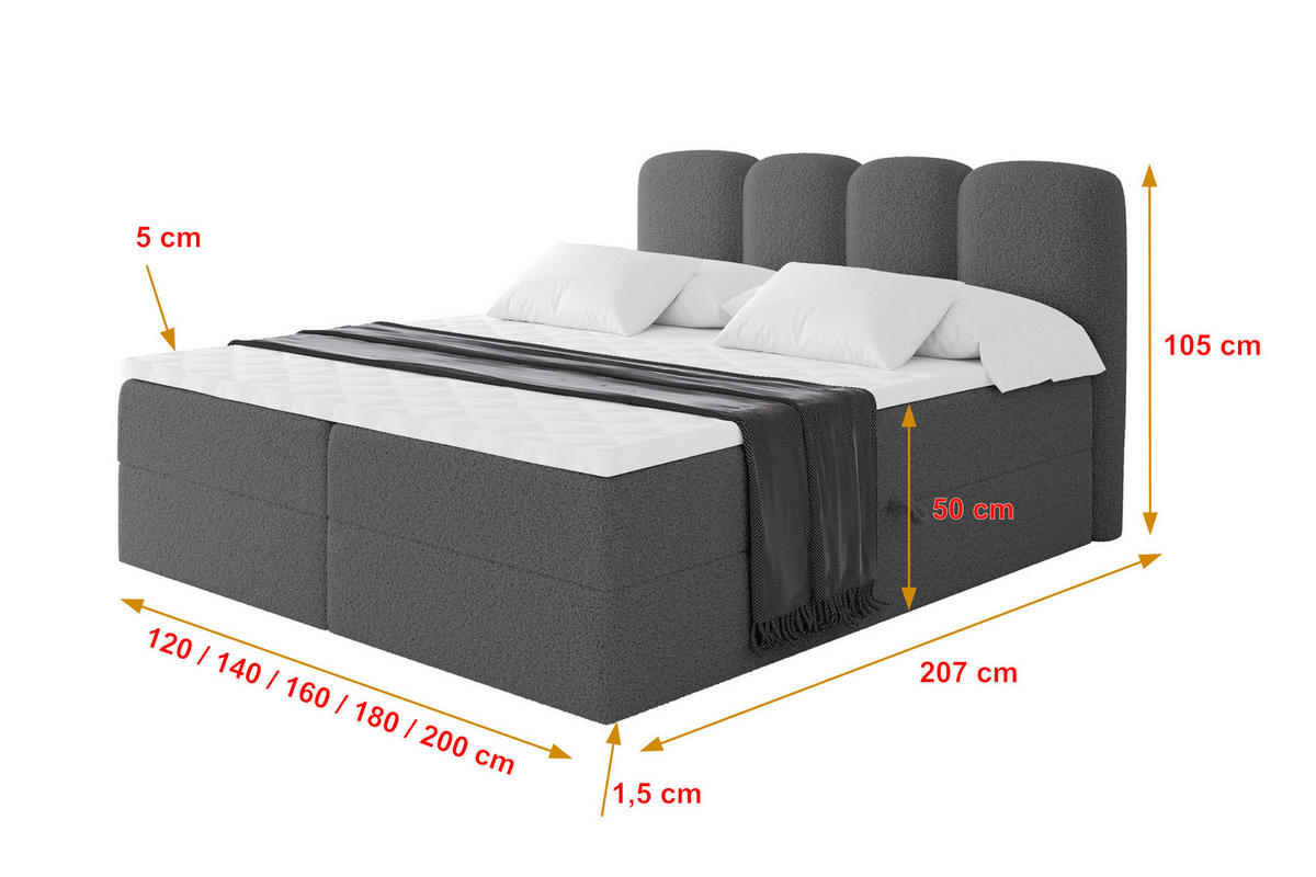 BOXBETT mit Matratze H4 - NINA - 160x200 cm Grau - Titanfarben, Holzwerkstoff (160/200cm) - ALTDECOR