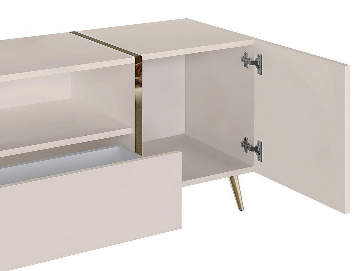 TV-MÖBEL mit 2 Türen, 1 Schublade & 1 Ablage - Beige & Goldfarben - MARZIALO - Beige, Holz (158/51.8/41cm) - Vente-Unique