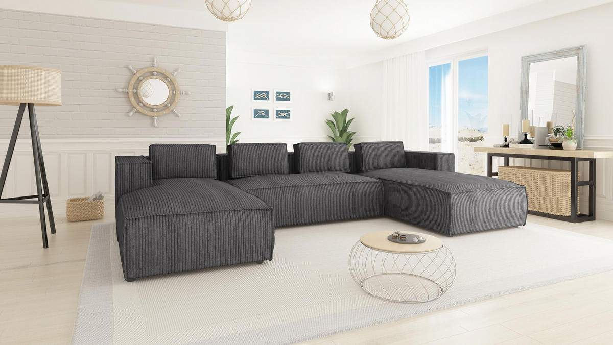 WOHNLANDSCHAFT Nova Grau Cord - Schwarz/Grau, Holz/Kunststoff (327/64/176cm) - S-Style Möbel