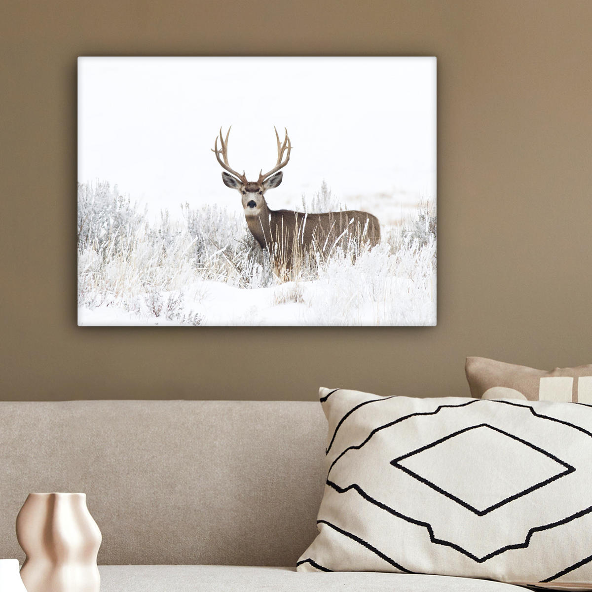 LEINWANDBILD Hirsche - Winter - Schnee - Tiere - Jahreszeiten - Weiß 40x30 cm - Hellbraun, Textil (40/30cm) - MuchoWow