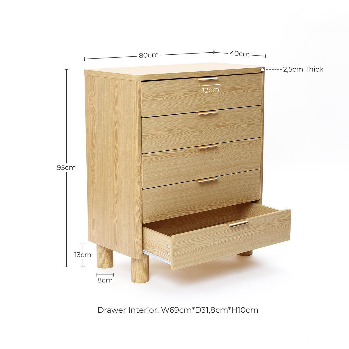 MODERNE Kommode mit fünf Schubladen, Eichenholzoptik, MDF | B 40 cm x T 50 cm x H 95 cm - Gelb/Hellgelb, Holz (40/95/80cm) - Hometopia