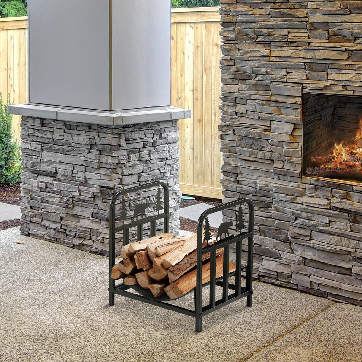 KAMINHOLZREGAL bis 50 kg - Schwarz, Metall (33.5/43/42cm) - Outsunny