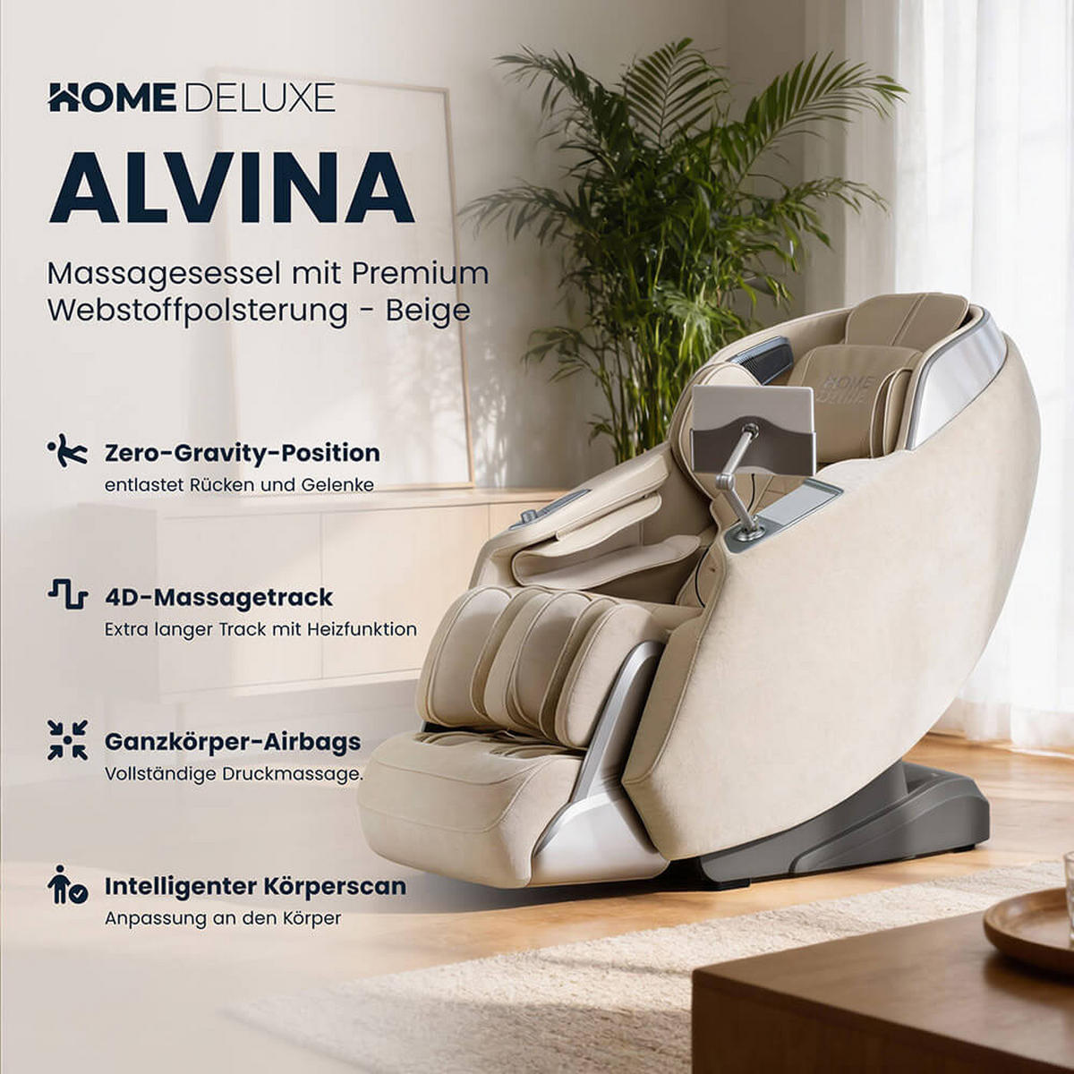 MASSAGESESSEL ALVINA mit Premium Webstoffpolsterung - Beige - Beige, Kunststoff (76.7/157/116cm) - Home Deluxe