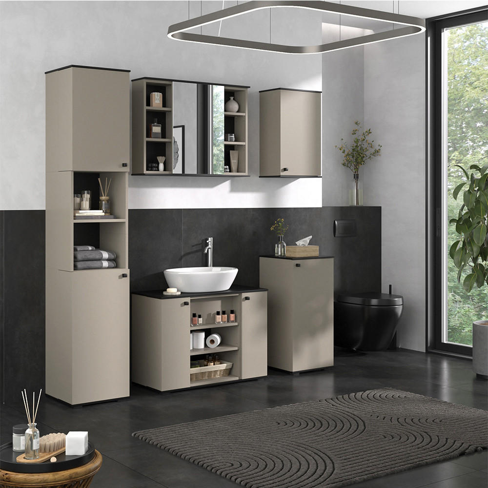 BADMÖBEL-SET Joli Greige 5 Teile - Greige/Schwarz, Holzwerkstoff (80/59/37cm) - Vicco