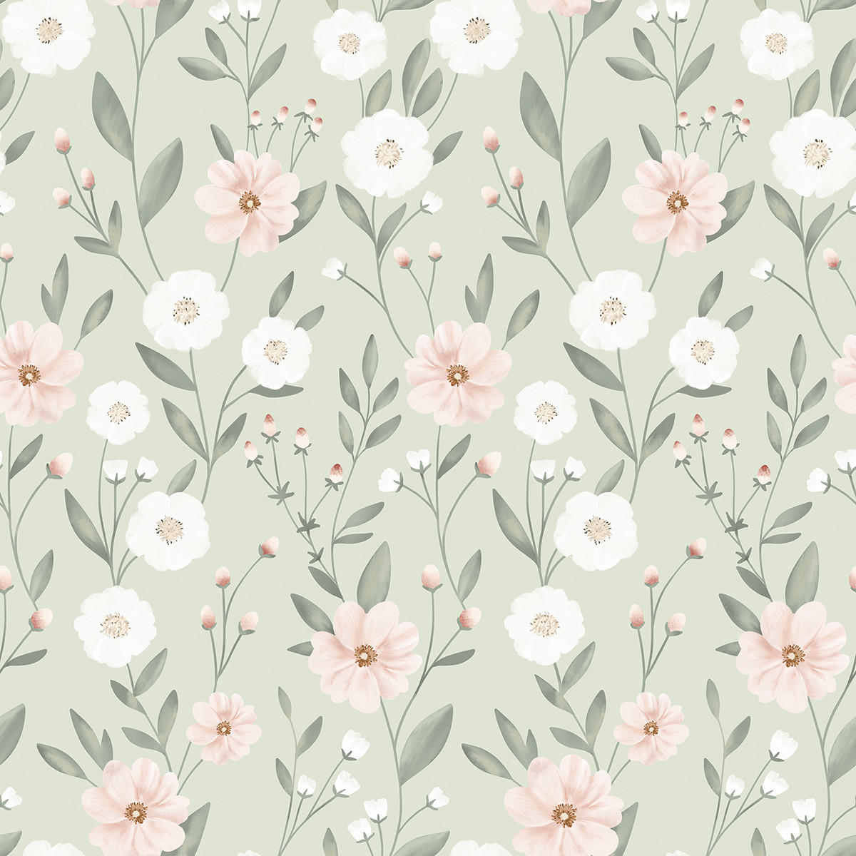 VLIESTAPETE Eden rosa Blumen 50 cm x 10 m grüner Hintergrund - Salbeigrün/Hellrosa, Papier (50/1000cm) - Lilipinso