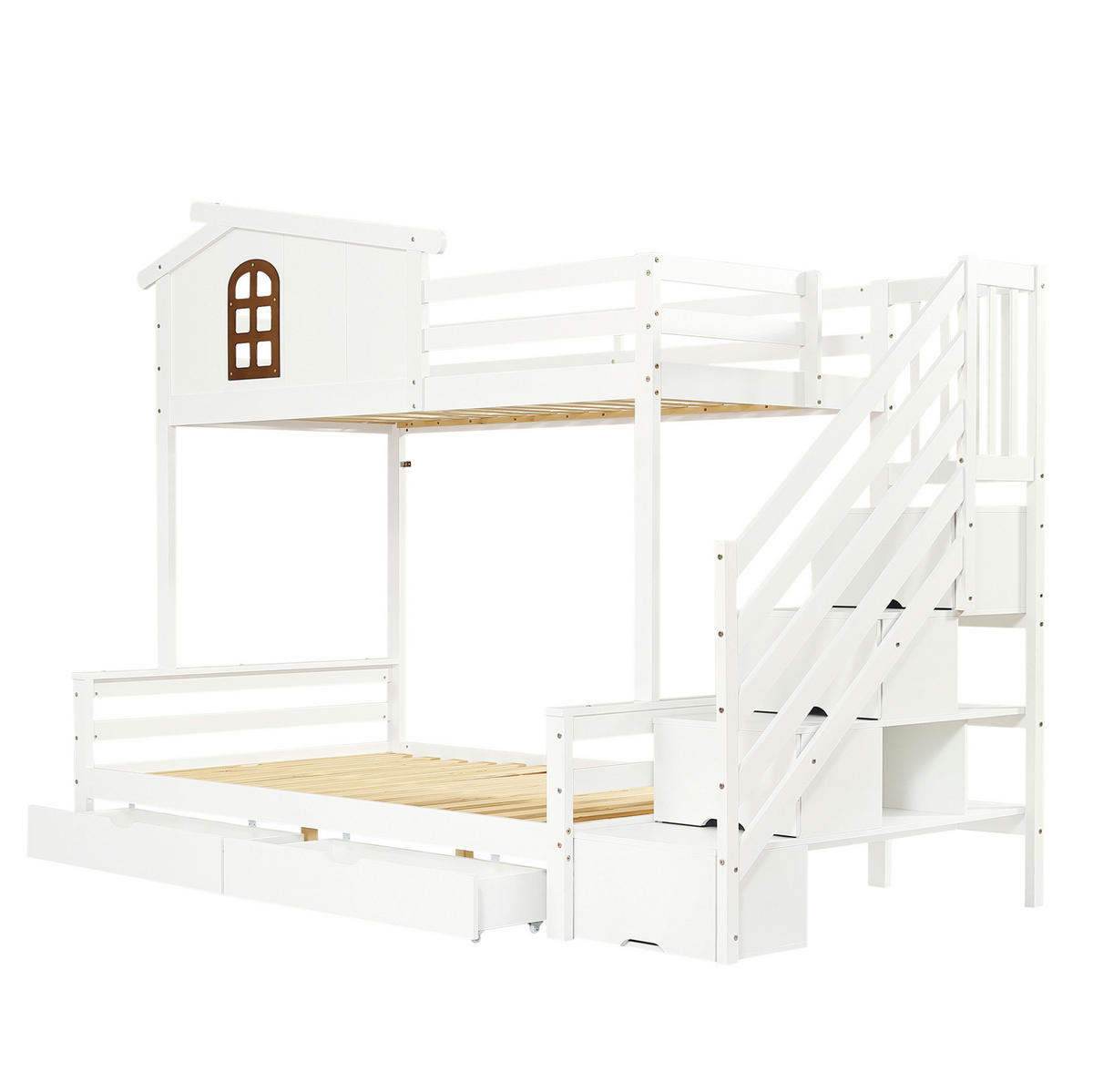 POSCHODOVÁ posteľ 90/200 a 120/200 cm biela/prírodná z masívu a MDF s rohovým rebríkom, skrinkou a 2 zásuvkami - biela, kompozitné drevo (90/200cm) - OKWISH