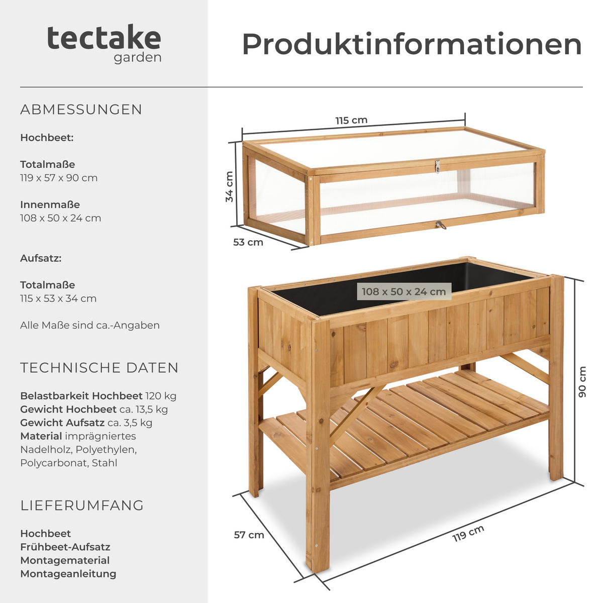 HOCHBEET ,119 x 57 x 124 cm,braun - Braun, Holz (57/90/119cm) - tectake
