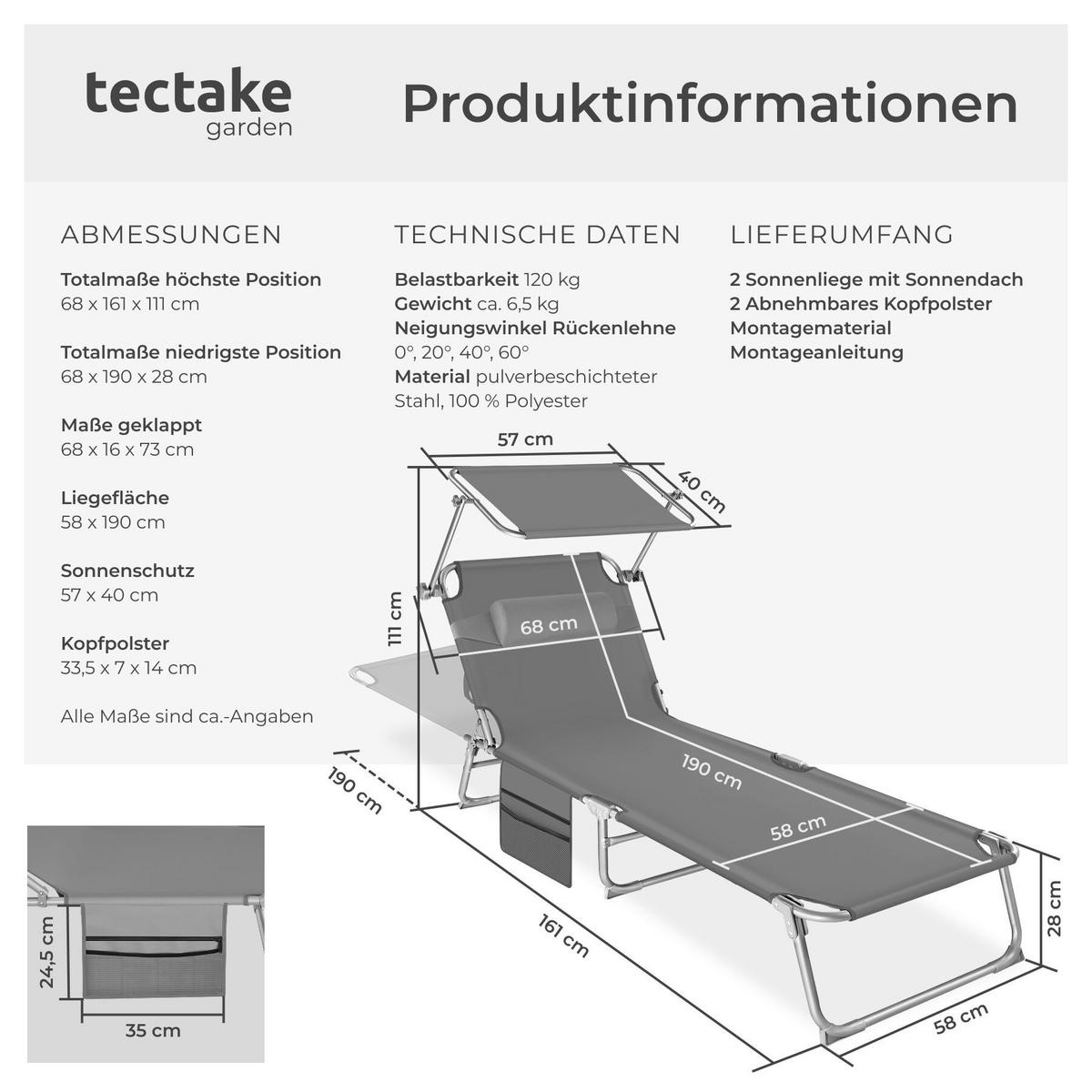 SONNENLIEGE 2er Set Chloé, 190 x 68 x 111 cm, mit Seitentasche, grau - Grau, Kunststoff (68/111/161cm) - tectake