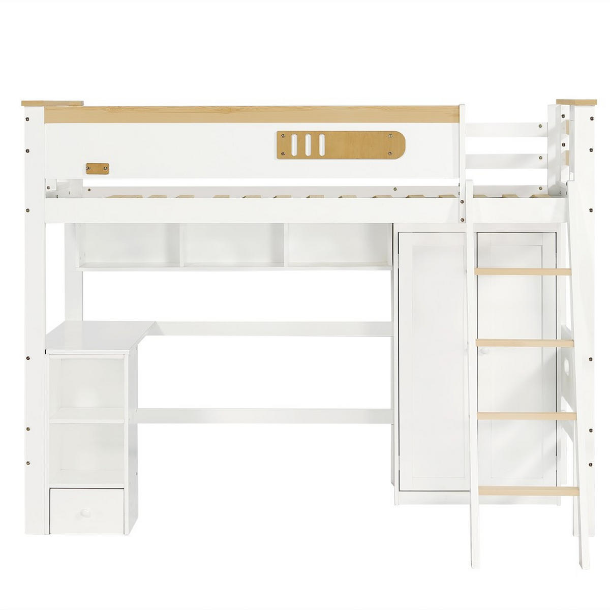 ETAGENBETT 90x200cm in Weiß+Natur mit Tisch und Kleiderschrank - Weiß, Holz (90/200cm) - KOMHTOM