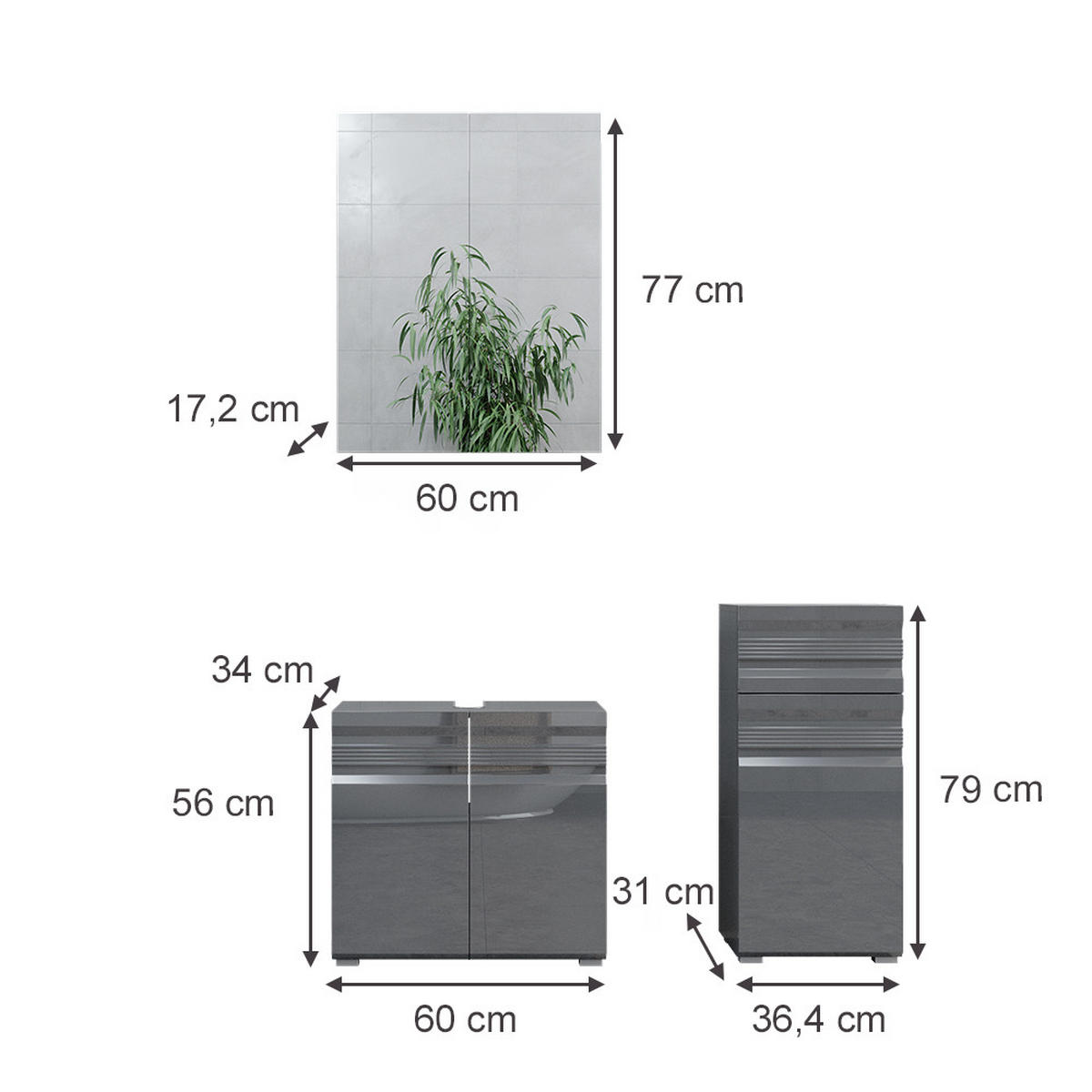BADMÖBEL-SET Fredd Anthrazit Hochglanz 3 Teile - Schwarz Hochglanz, Holzwerkstoff (56/60/34cm) - Vicco