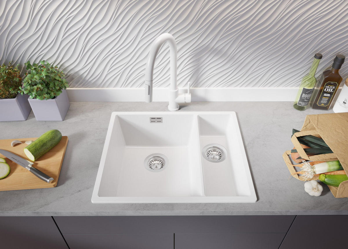 GRANITSPÜLE London Slim Duo, 2-er set Weiß 56/47 cm 1,5 Becken + Küchenarmatur 38/14 cm + Ablauf-Set ab 60er Unterschrank - Chromfarben/Weiß, Kunststoff (56/20/47cm) - Primagran