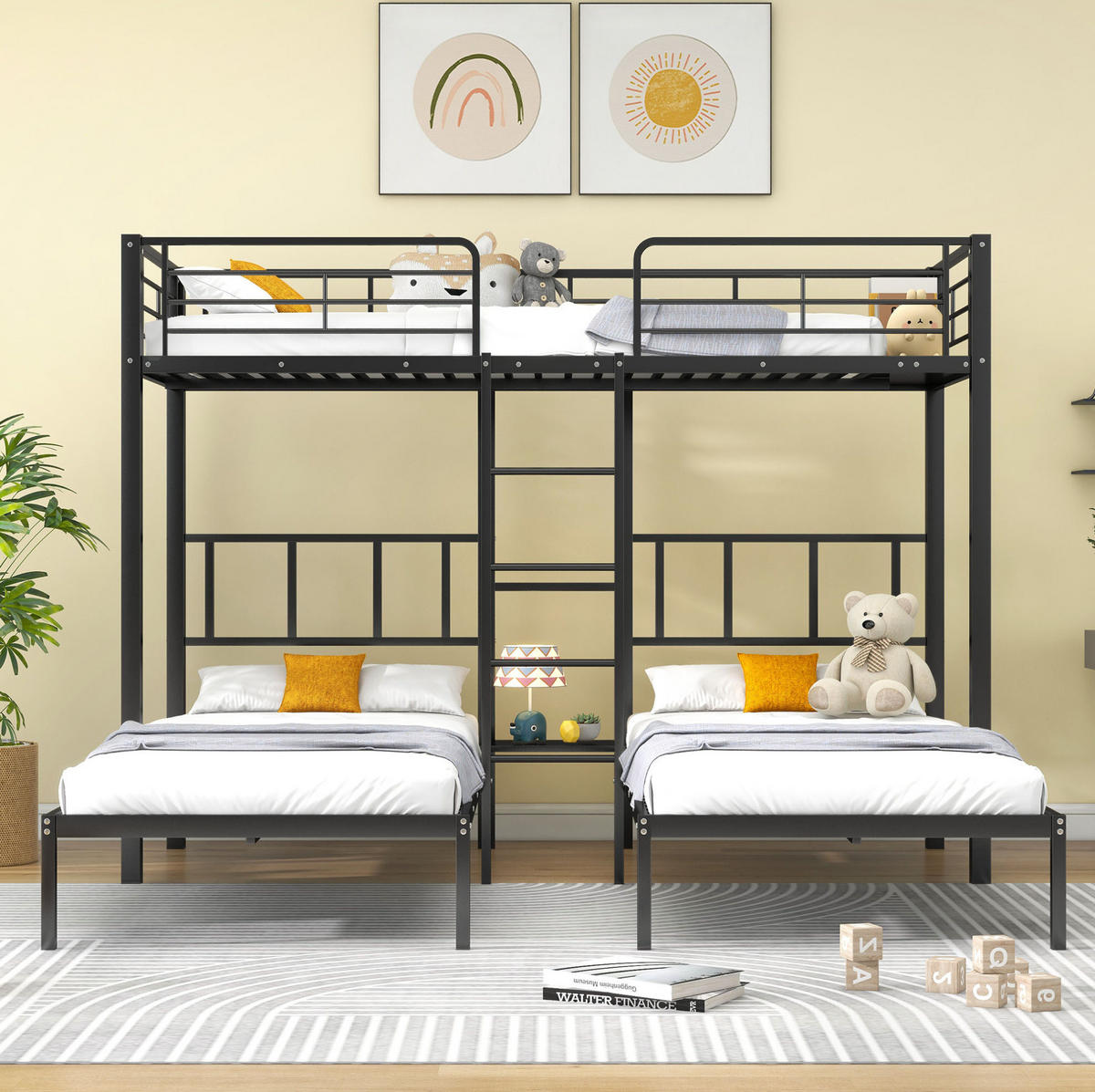 ETAGENBETT aus Metall 3x 90x200 cm Schwarz mit Leiter, Fallschutzgitter und Tisch - Schwarz, Metall (90/200cm) - IVMEU