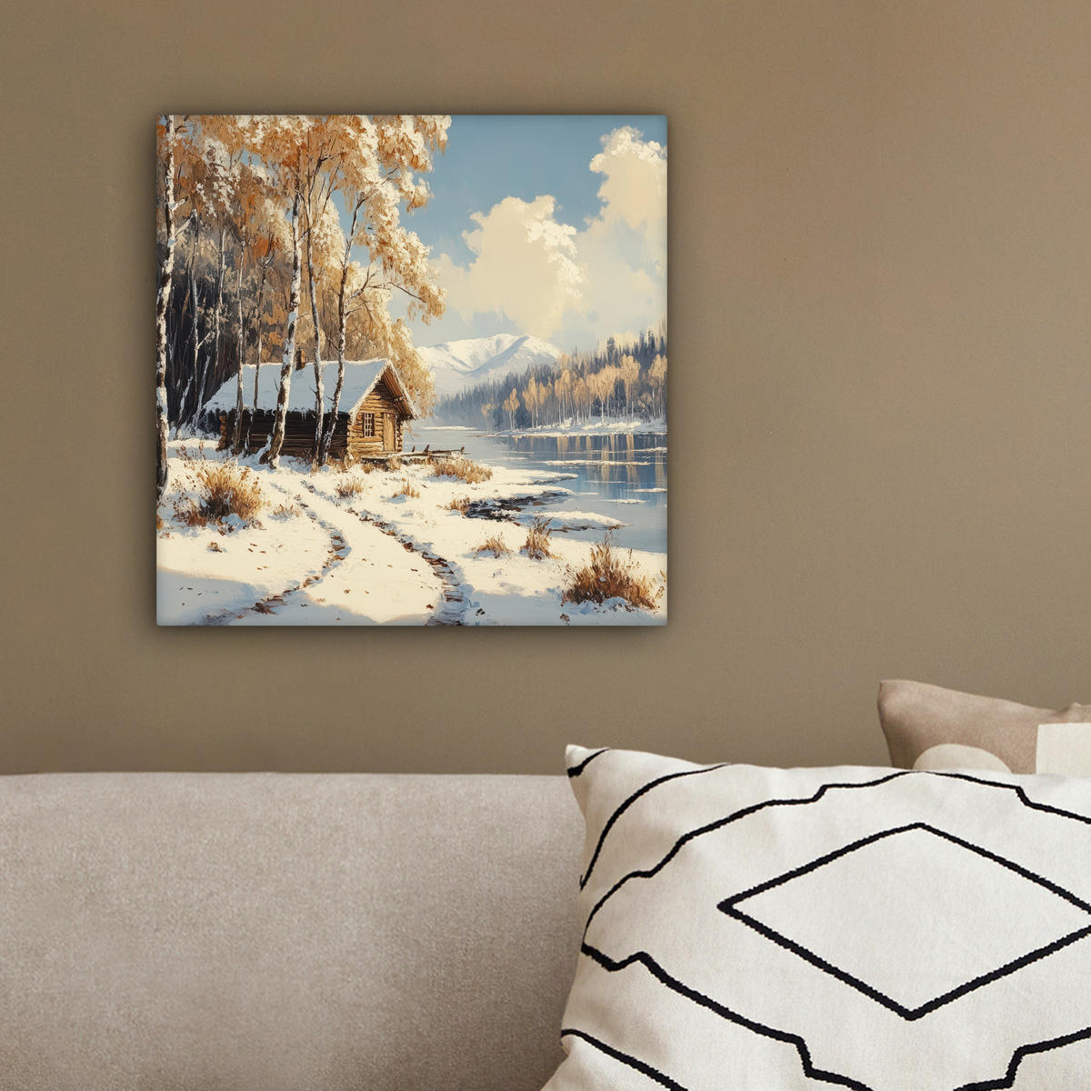 LEINWANDBILD Winter - Schnee - Zuhause - Natur 20x20 cm - Hellbraun, Textil (20/20cm) - MuchoWow