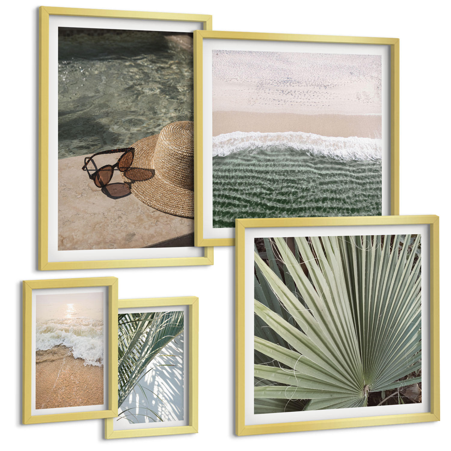 BILDER SET 5er Set - 50x50 cm & 20x30 cm & 40x60 cm Goldrahmen - Strandhut und Sonnenbrille - Goldfarben, Kunststoff (40/60cm) - TULUP