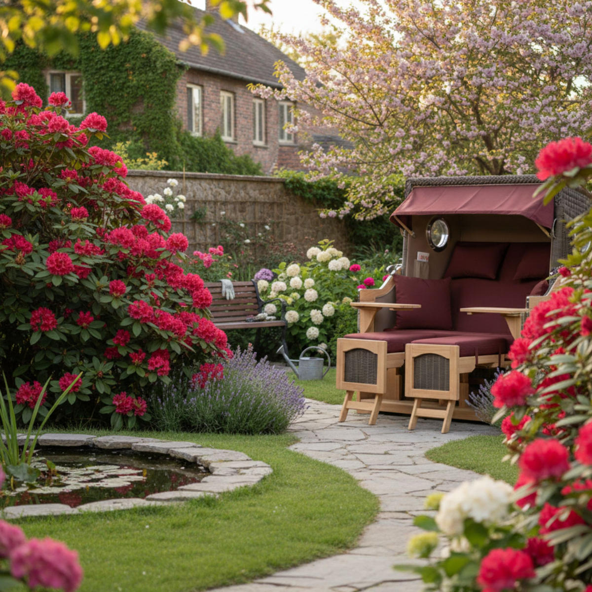 STRANDKORB Düne Grande Bullauge Teak PE Grey Dessin 550 - Rot/Braun, Metall (142/170/95cm) - Mr. Deko