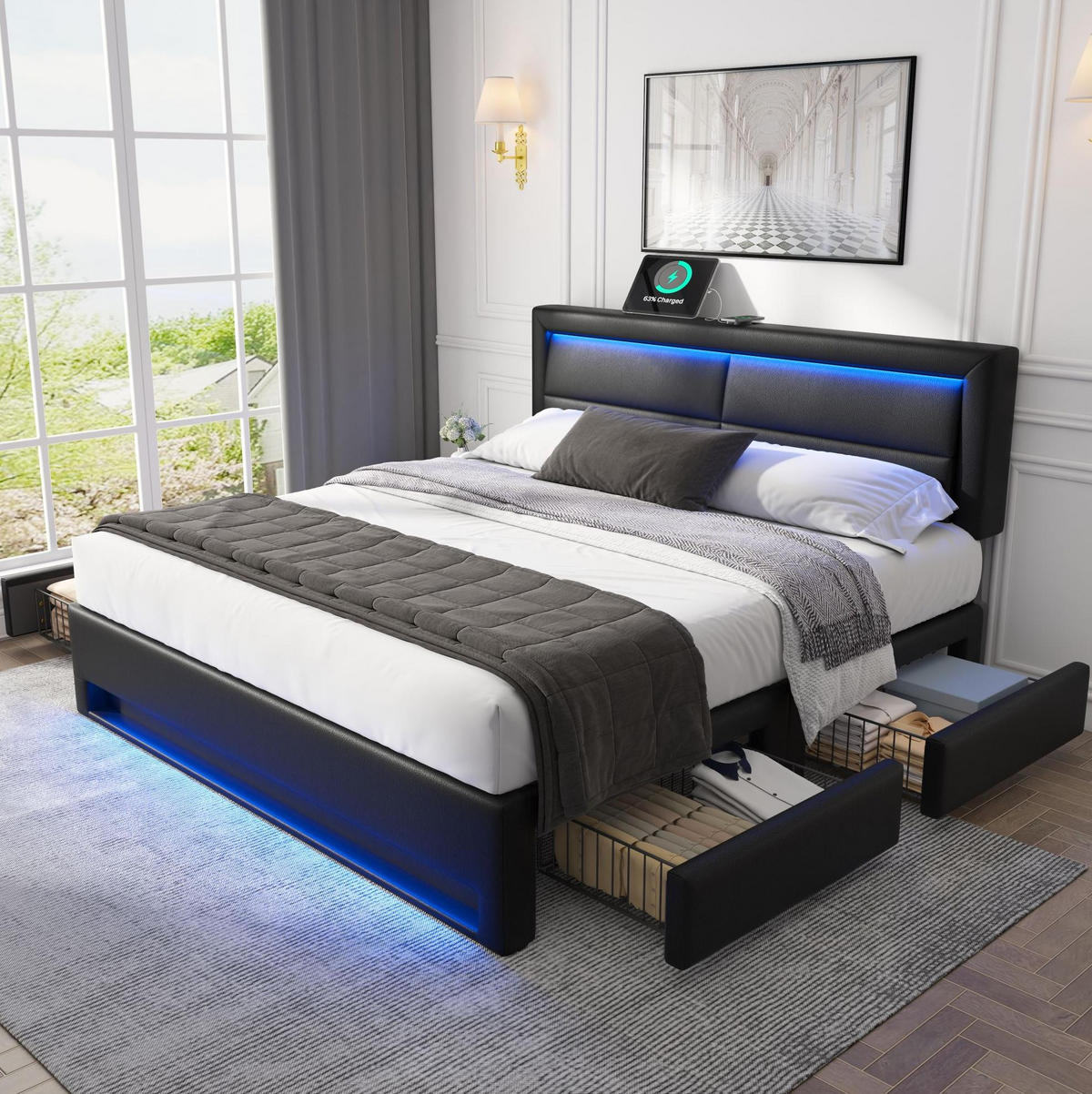POLSTERBETT 140/200 cm mit LED, USB-Ladeanschluss & 4 Schubladen, PU Schwarz - Schwarz, Kunststoff (140/200cm) - Redom