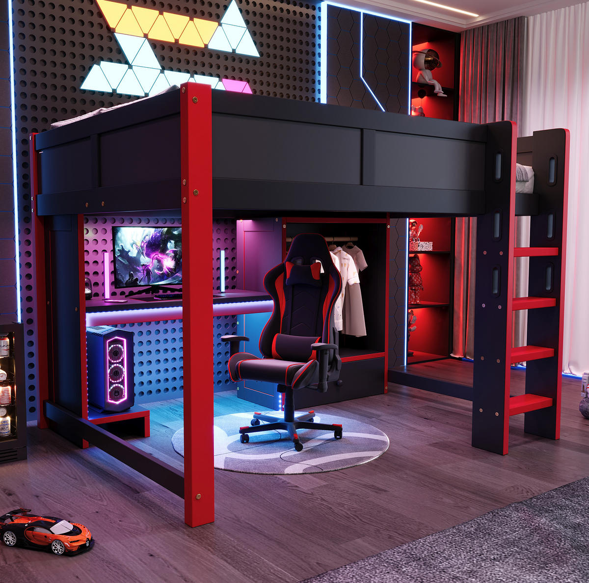 HOCHBETT 140/200 cm Schwarz/Rot aus Holz mit LED-Beleuchtung und Schreibtisch - Schwarz, Holz (140/200cm) - OKMYHOME