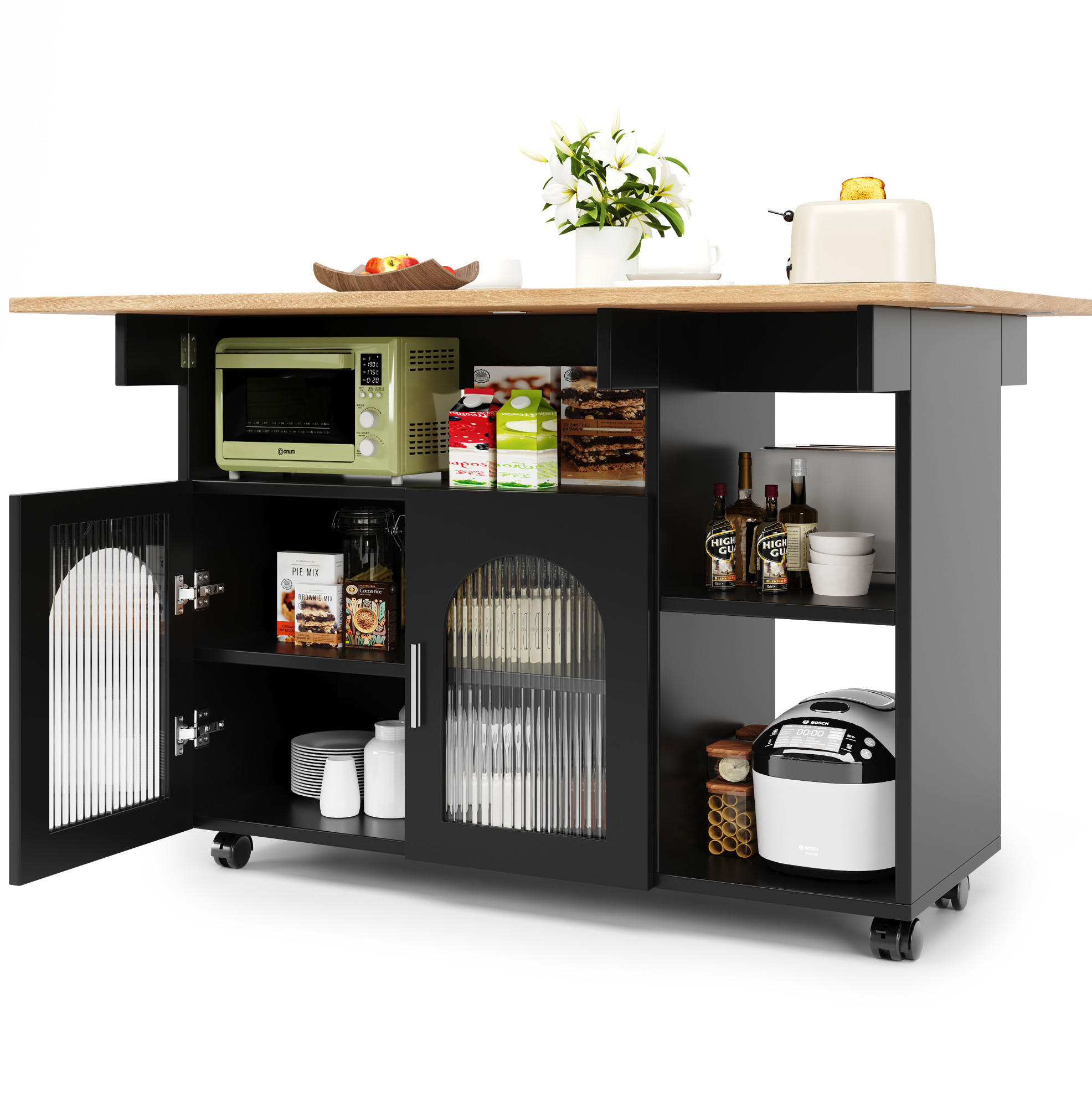 Modfu KUCHYŇSKÝ ostrůvek z MDF a skla 120x70x79,5 cm černý/přírodní s rozkládací deskou, kolečky a úložným prostorem