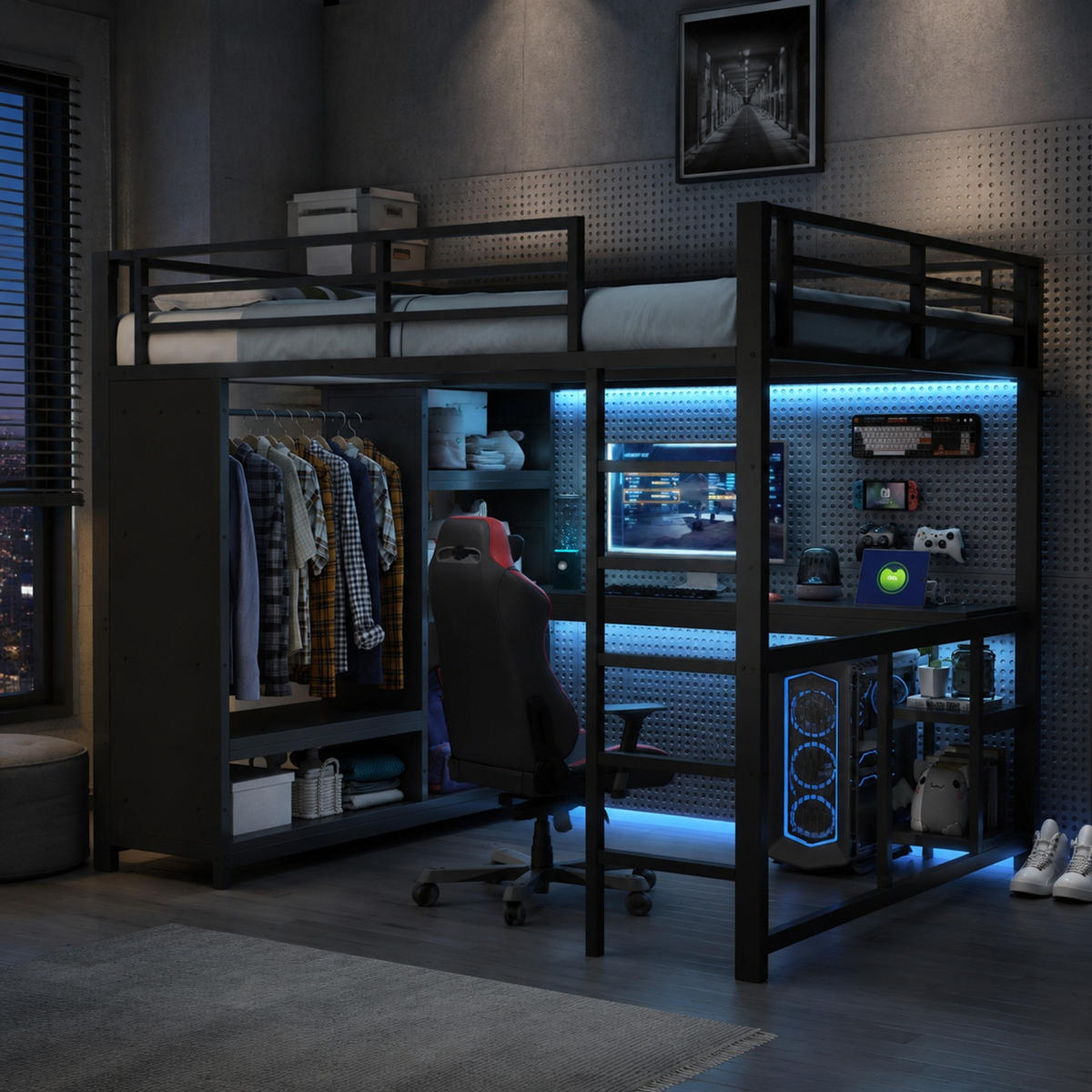 HOCHBETT 160/200 mit LED, Schreibtisch und Kleiderschrank in Schwarz - Schwarz, Metall (160/200cm) - EVRYAE