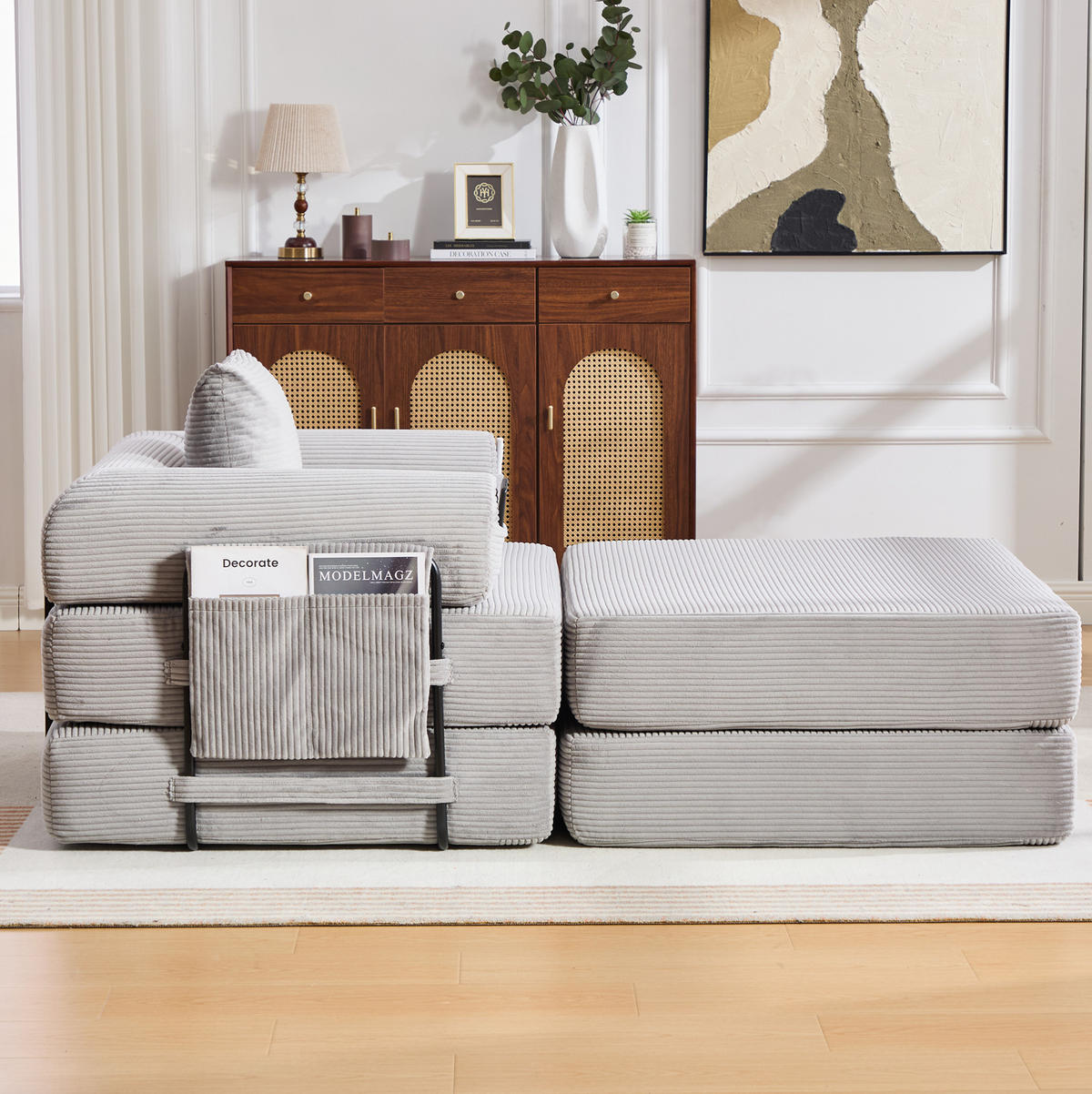 SOFA modular mit Hocker 112 x 190 cm Cord Hellgrau - Hellgrau, Kunststoff (190/67/112cm) - Meubliv